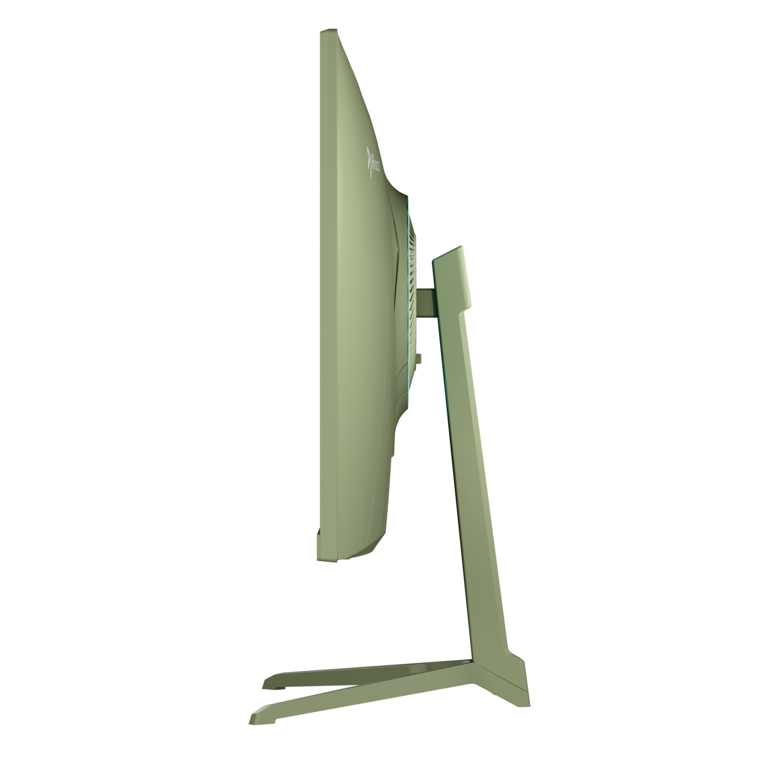 Widok z boku zielonego monitora komputera na stojaku. Monitor jest ustawiony pod kątem, pokazując bok ekranu i stojak.