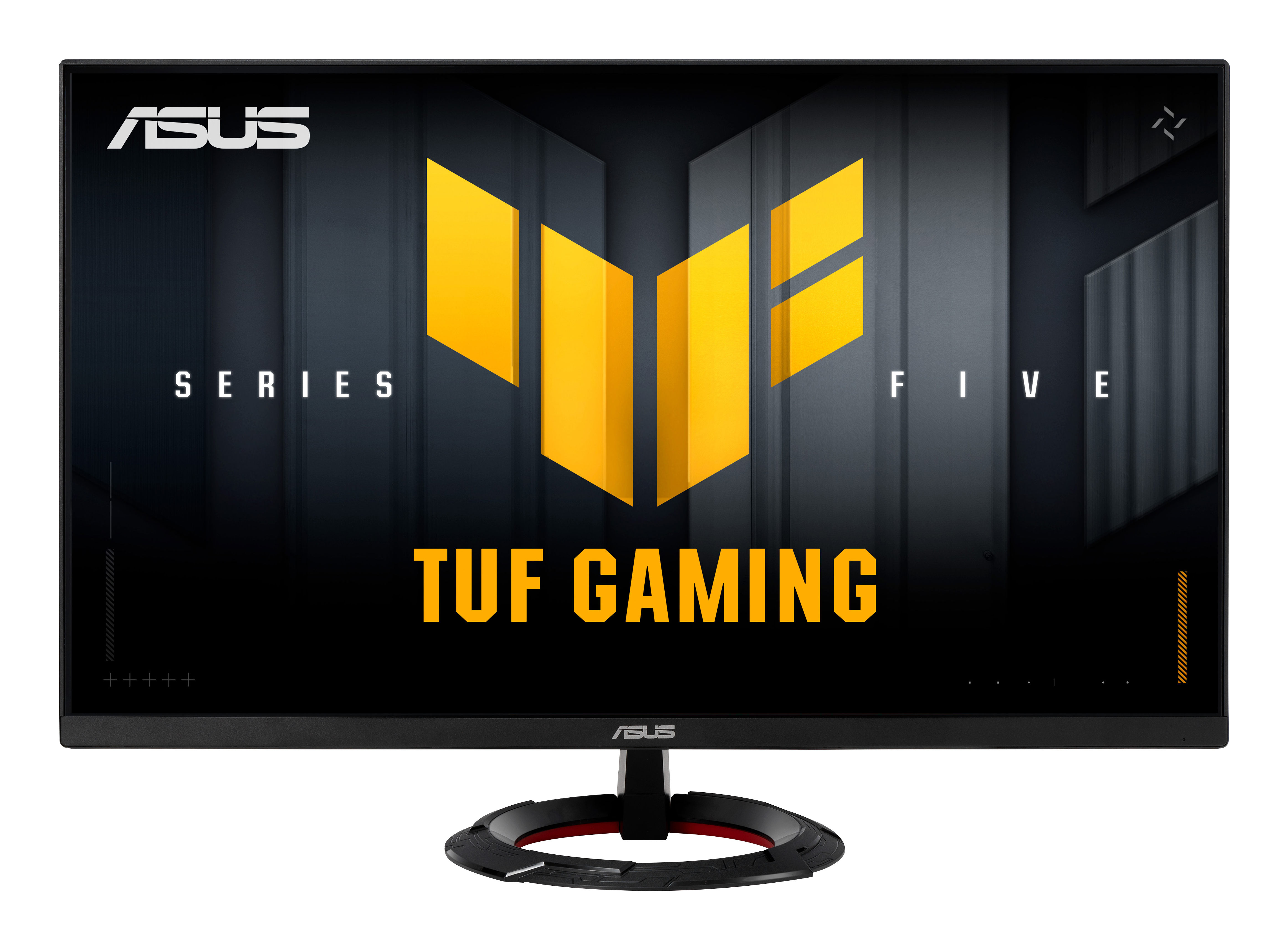 ASUS TUF Gaming monitör. Siyah çerçeve, sarı logo. Ekran, koyu arka planda sarı logo ve metin gösterir.