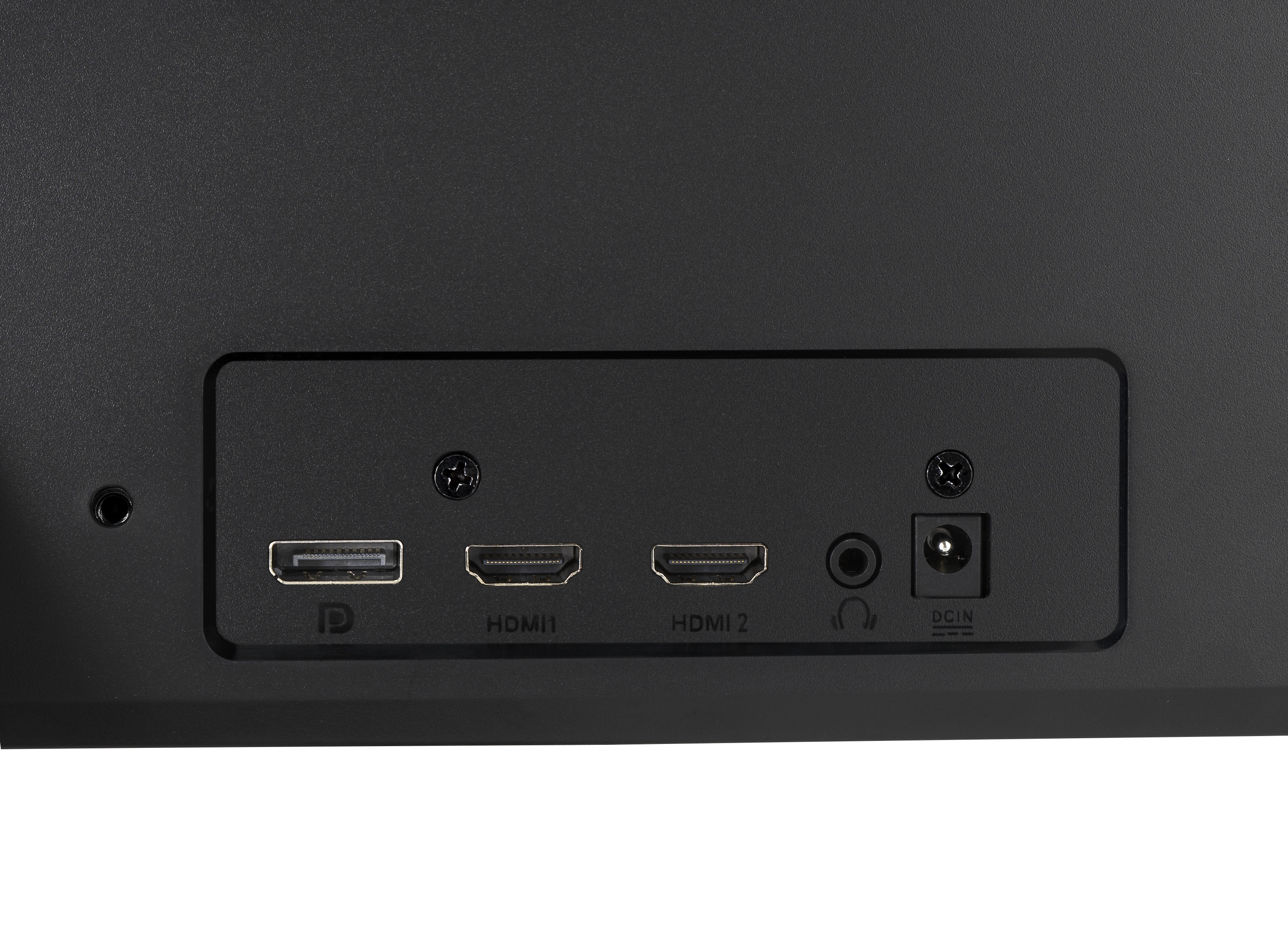 Close-up of a black monitor back panel with ports: HDMI, audio, and power. Includes ID, HDMI1, HDMI2 and DCIN.