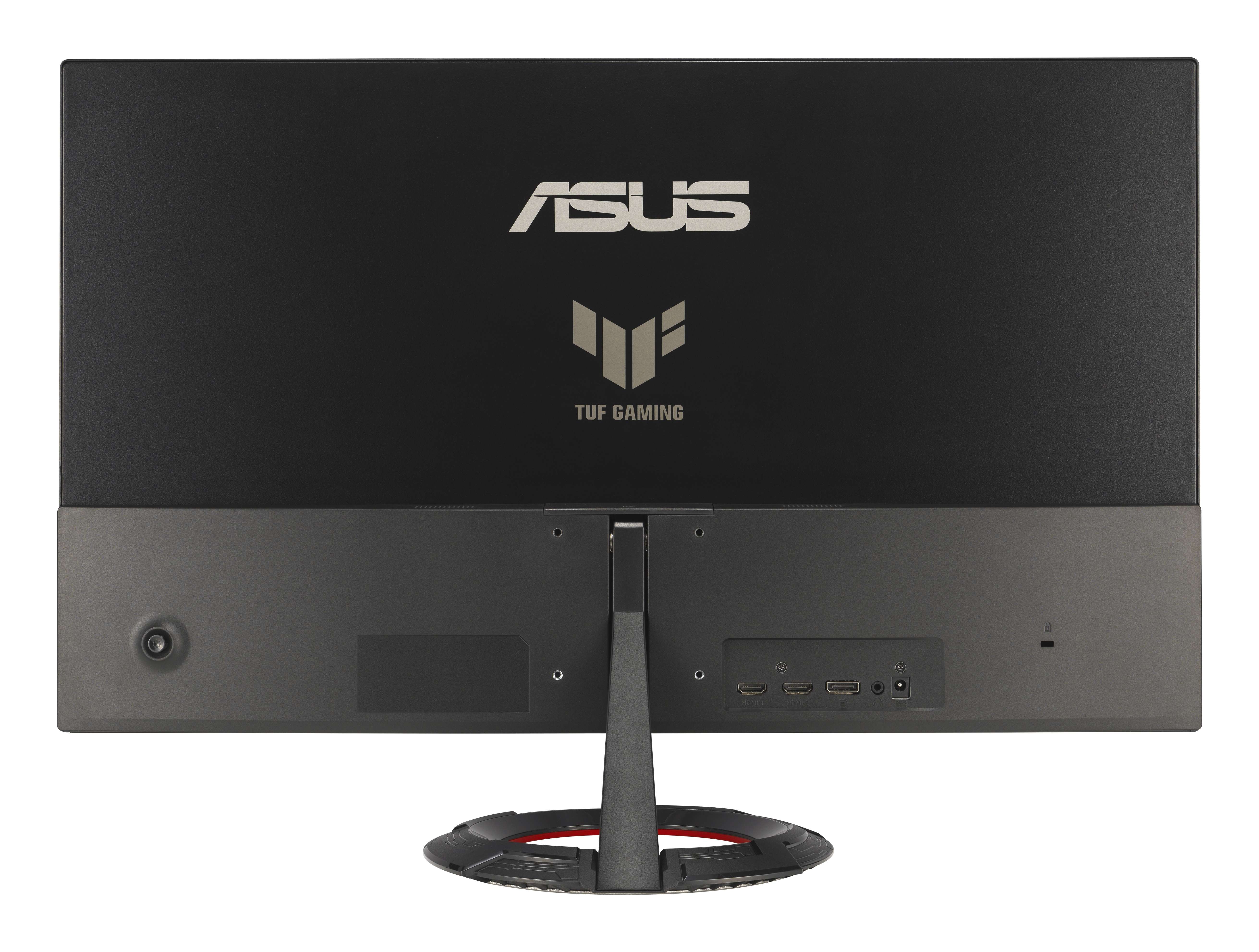 Black computer monitor back with ASUS and TUF GAMING logos. It has a stand and various ports.