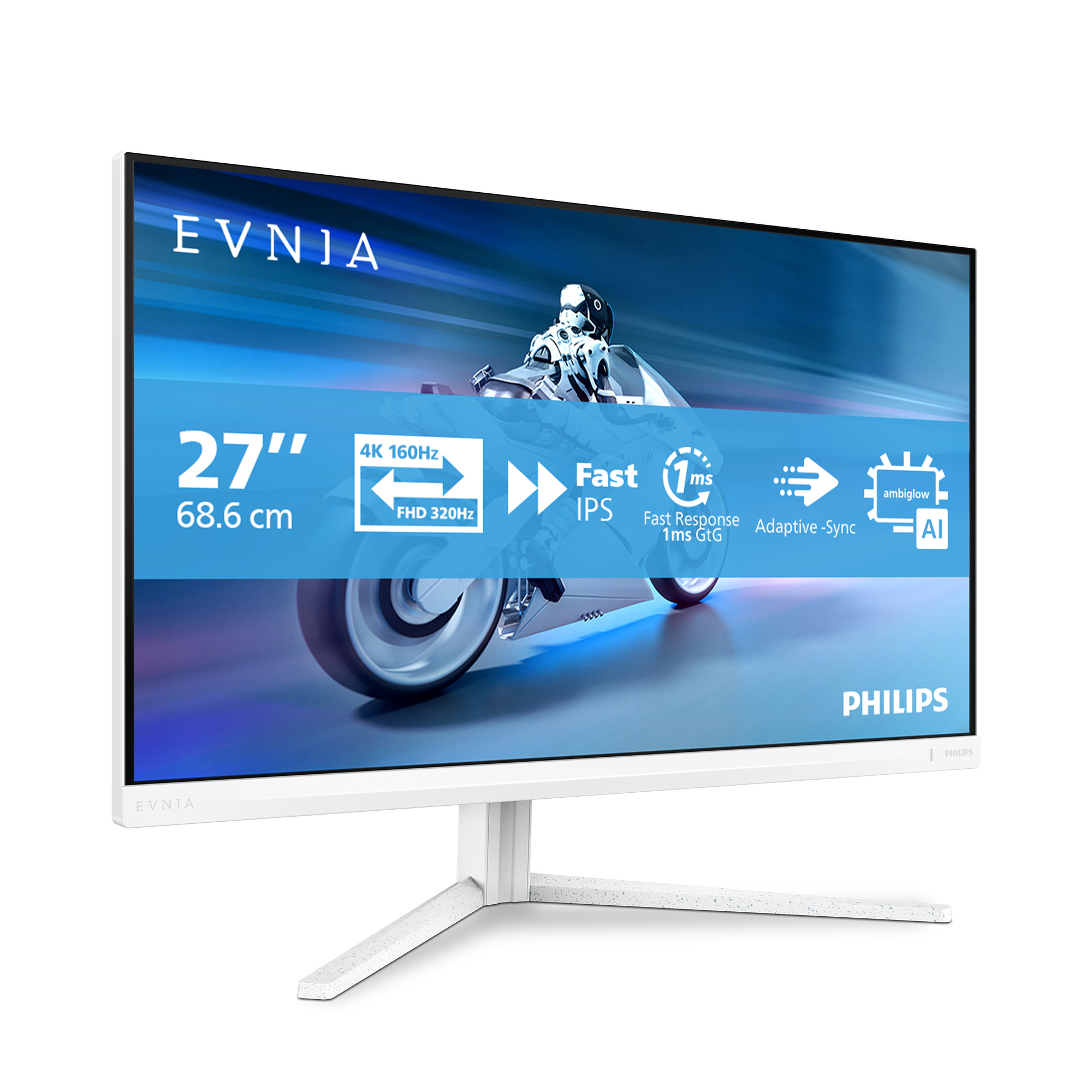 Biały monitor Philips wyświetla futurystyczny motocykl. Ma białą podstawę. Wyświetlane są specyfikacje, takie jak 4K 160Hz i 1ms.