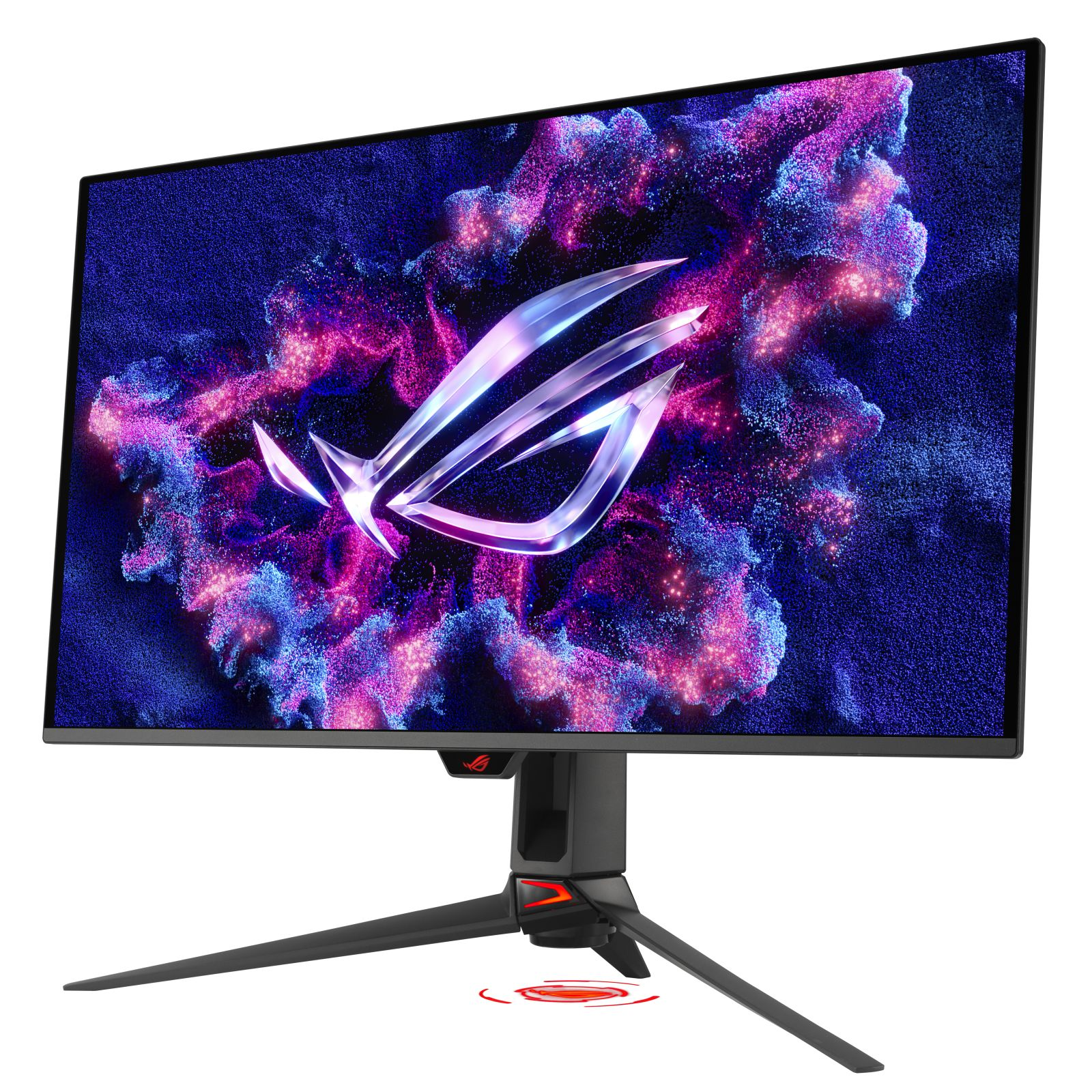 Monitor do gier z logo ROG na ekranie. Czarny stojak z trzema nogami, czerwone akcenty. Wyświetlacz z kolorowym, abstrakcyjnym wzorem.