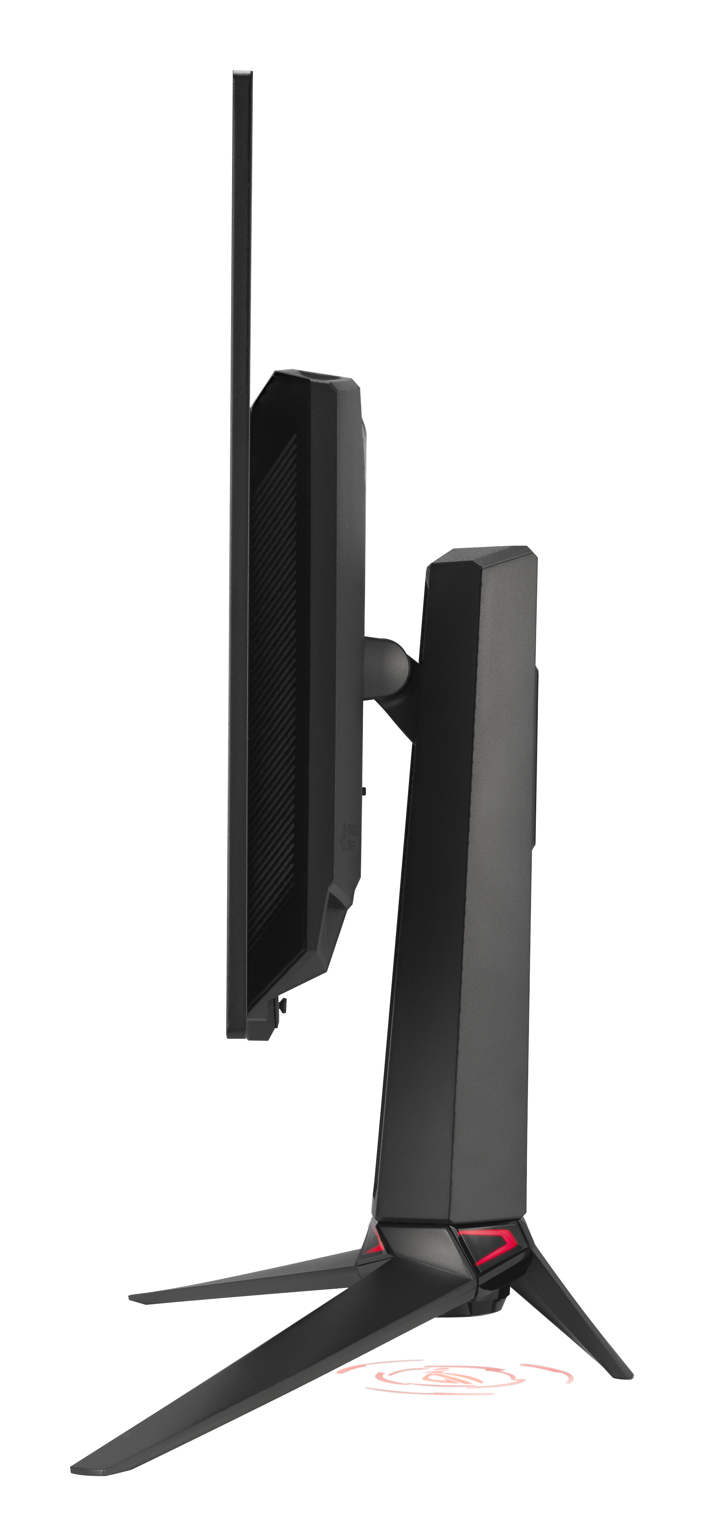 Widok z boku czarnego monitora komputera. Znajduje się na czarnym stojaku z czerwonymi akcentami, tło jest białe.