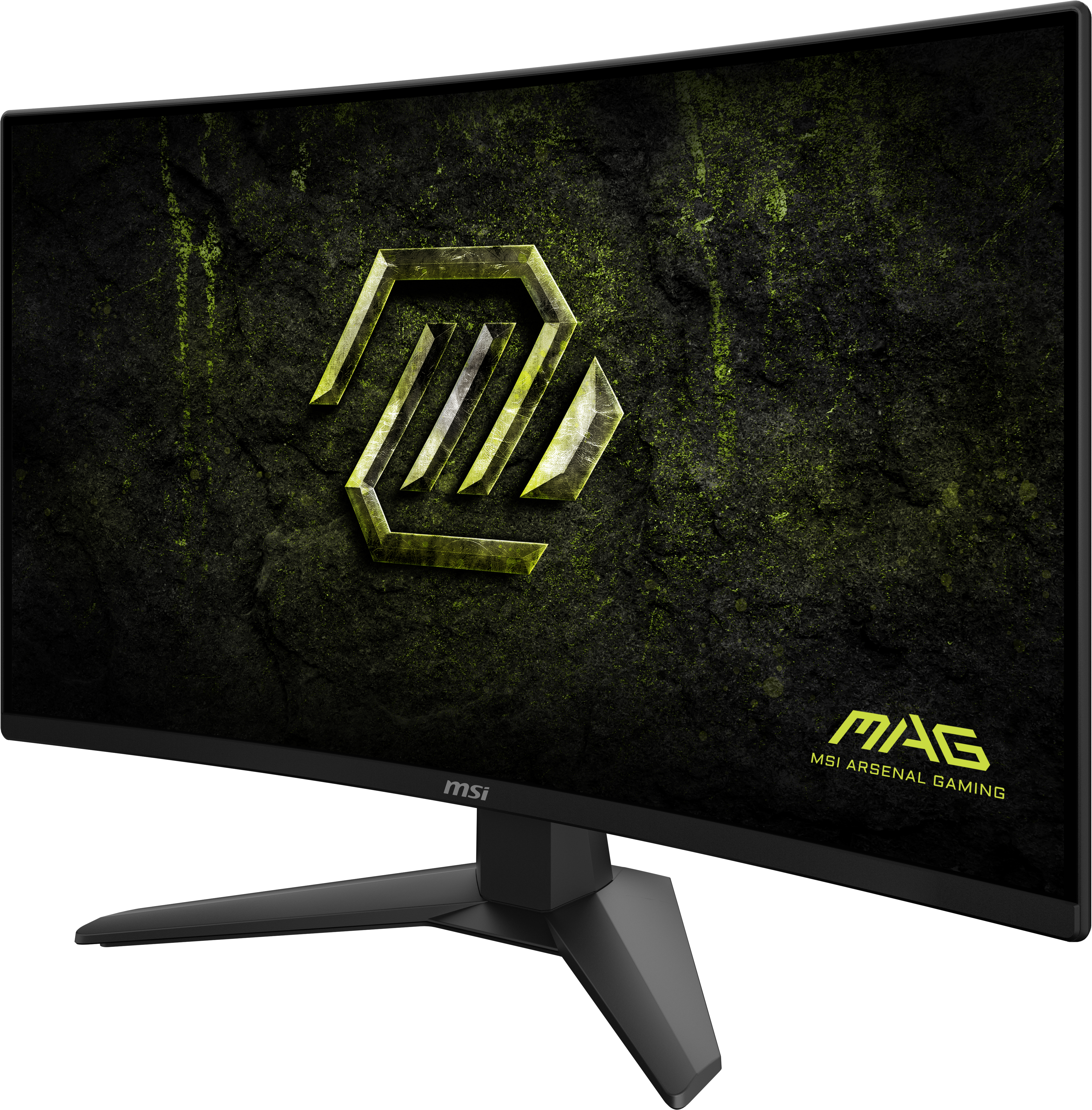 Kavisli bir MSI monitör, dokulu bir arka plan üzerinde bir logo görüntüler. Taban siyah.