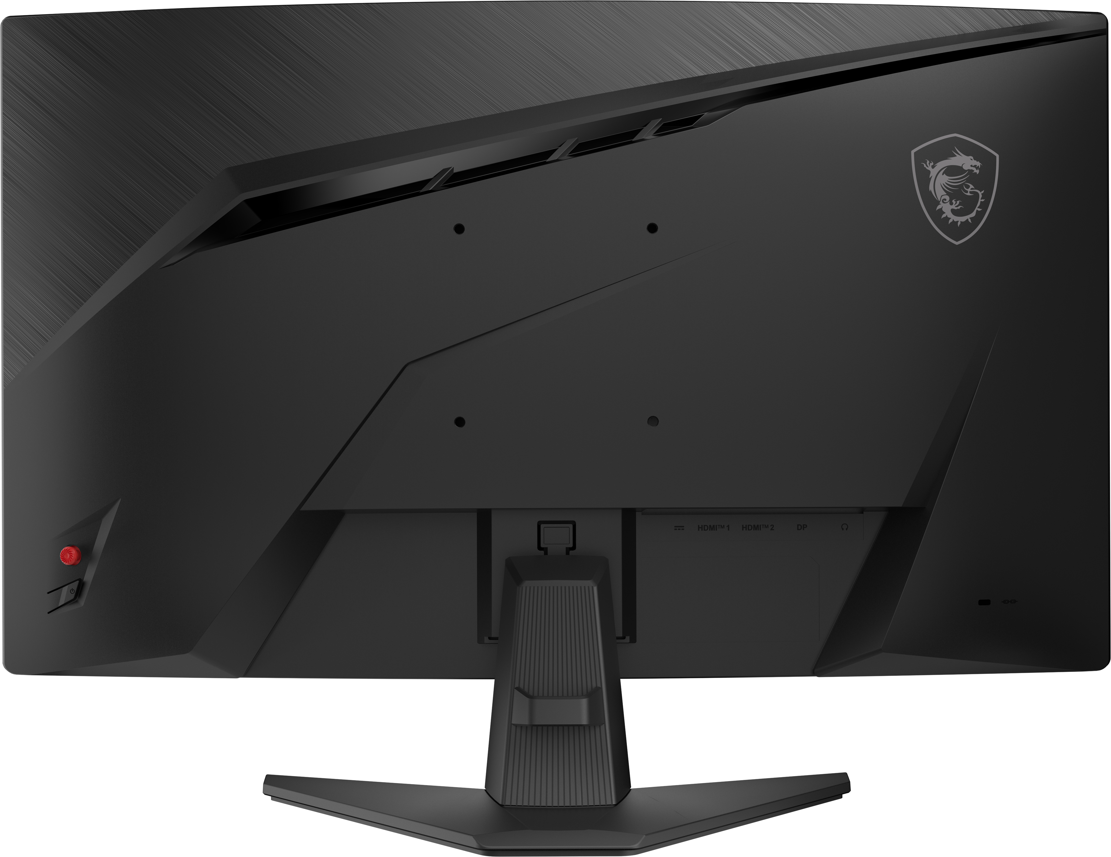 Siyah bir MSI monitörün arka görünümü. Bir standı, bağlantı noktaları ve kırmızı bir güç düğmesi var. Logo sağ üst köşede.