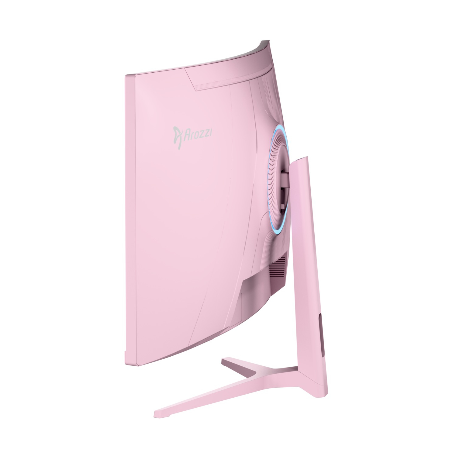 Różowy zakrzywiony monitor komputerowy. Monitor ma logo 'Arozzi' i niebieskie światło z tyłu. Stojak jest również różowy.
