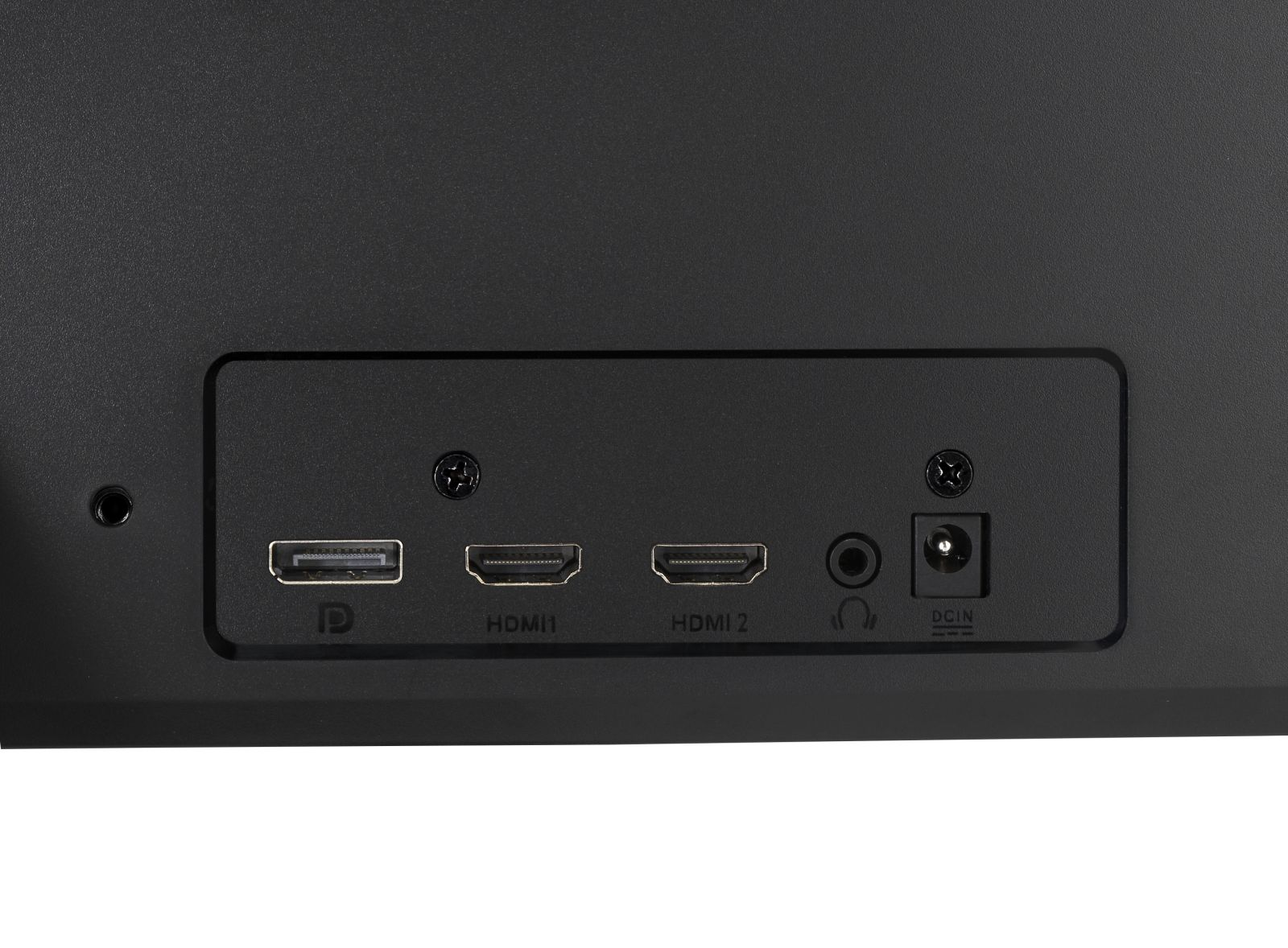 Primo piano del pannello posteriore di un monitor nero. Include porte HDMI, audio, ingresso CC e altri tipi di connessione.