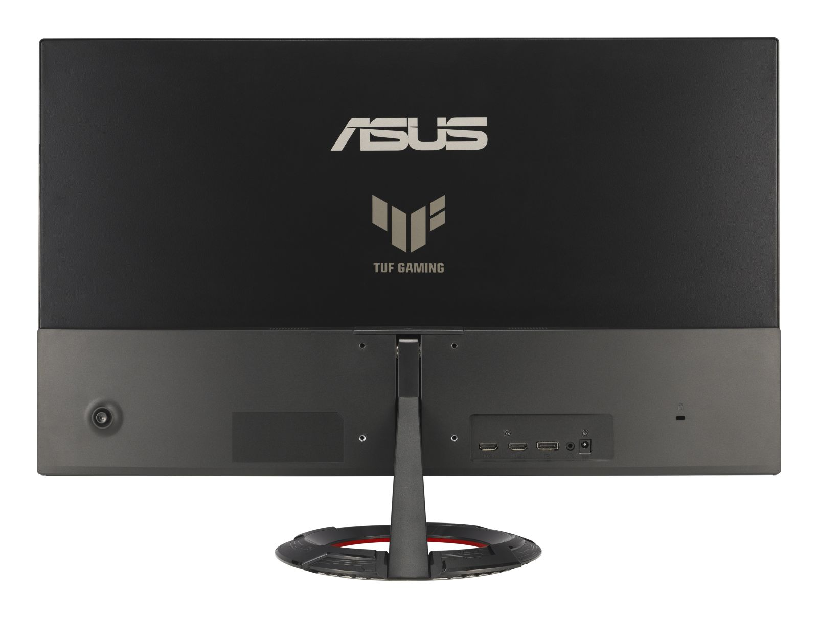 Vista posteriore di un monitor ASUS TUF Gaming. Lo schermo nero presenta i loghi ASUS e TUF Gaming. Il supporto e le porte sono visibili in basso.