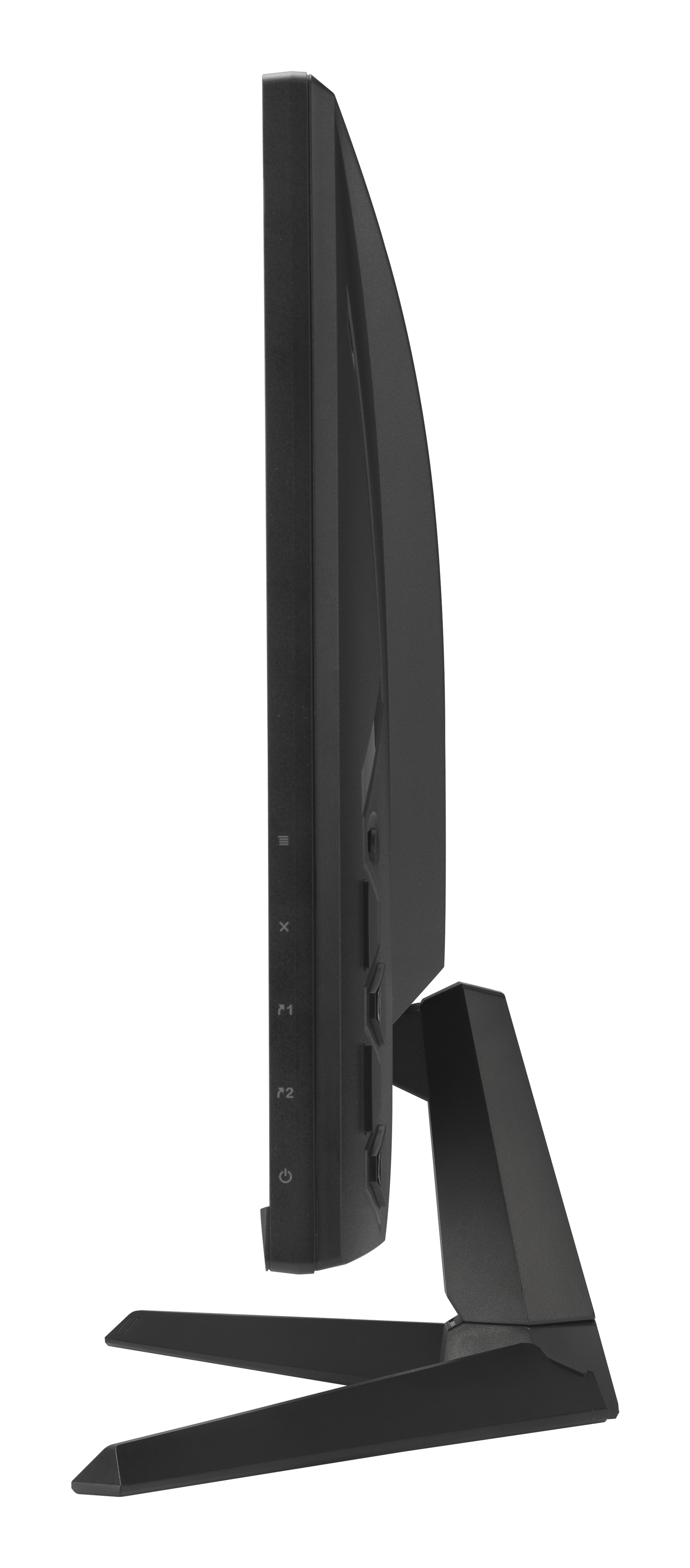 Czarny monitor komputera pokazany z boku. Ma przyciski i stojak. Tło jest białe.
