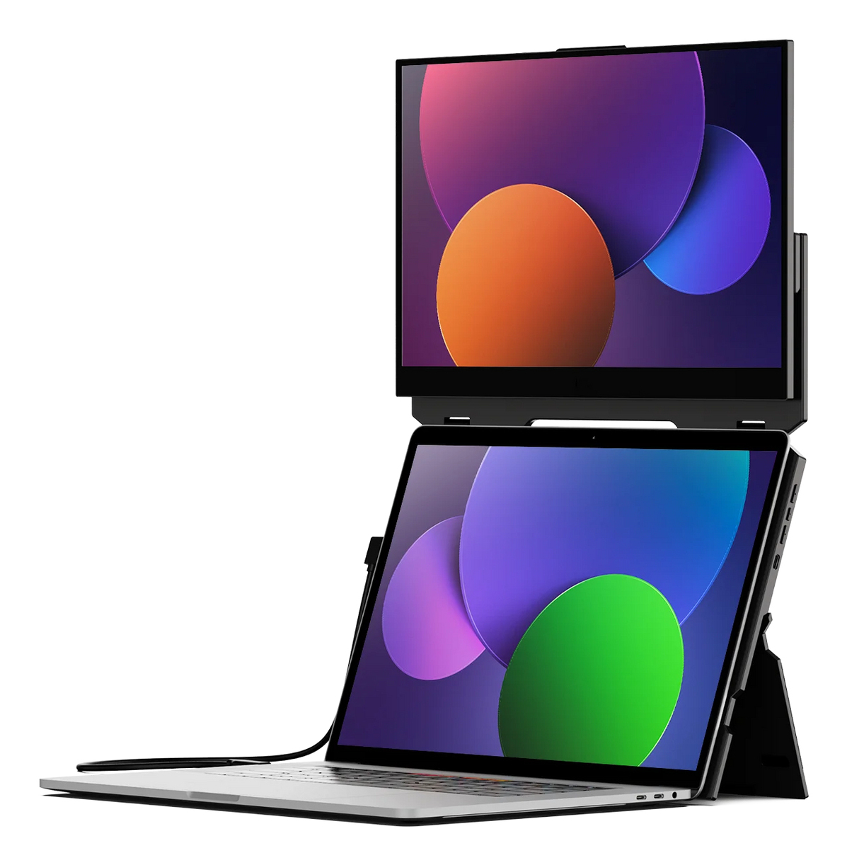 Laptop z dołączonym monitorem. Ekrany wyświetlają kolorowe abstrakcyjne wzory. Laptop jest srebrny, monitor jest czarny.