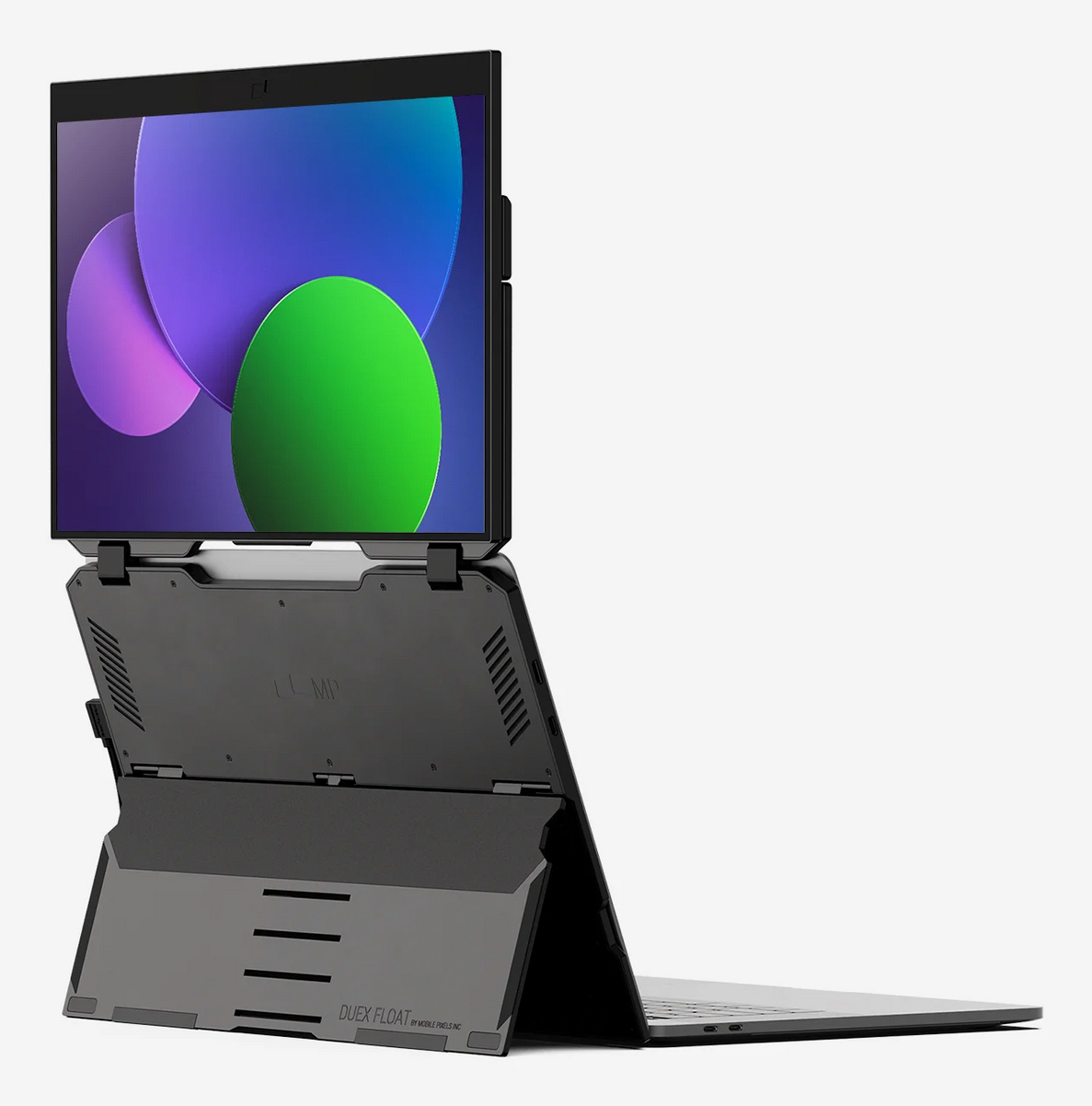 Laptop z dodatkowym ekranem. Ekrany wyświetlają kolorowe okręgi. Laptop jest czarny z szarą podstawą, otwarty pod kątem.