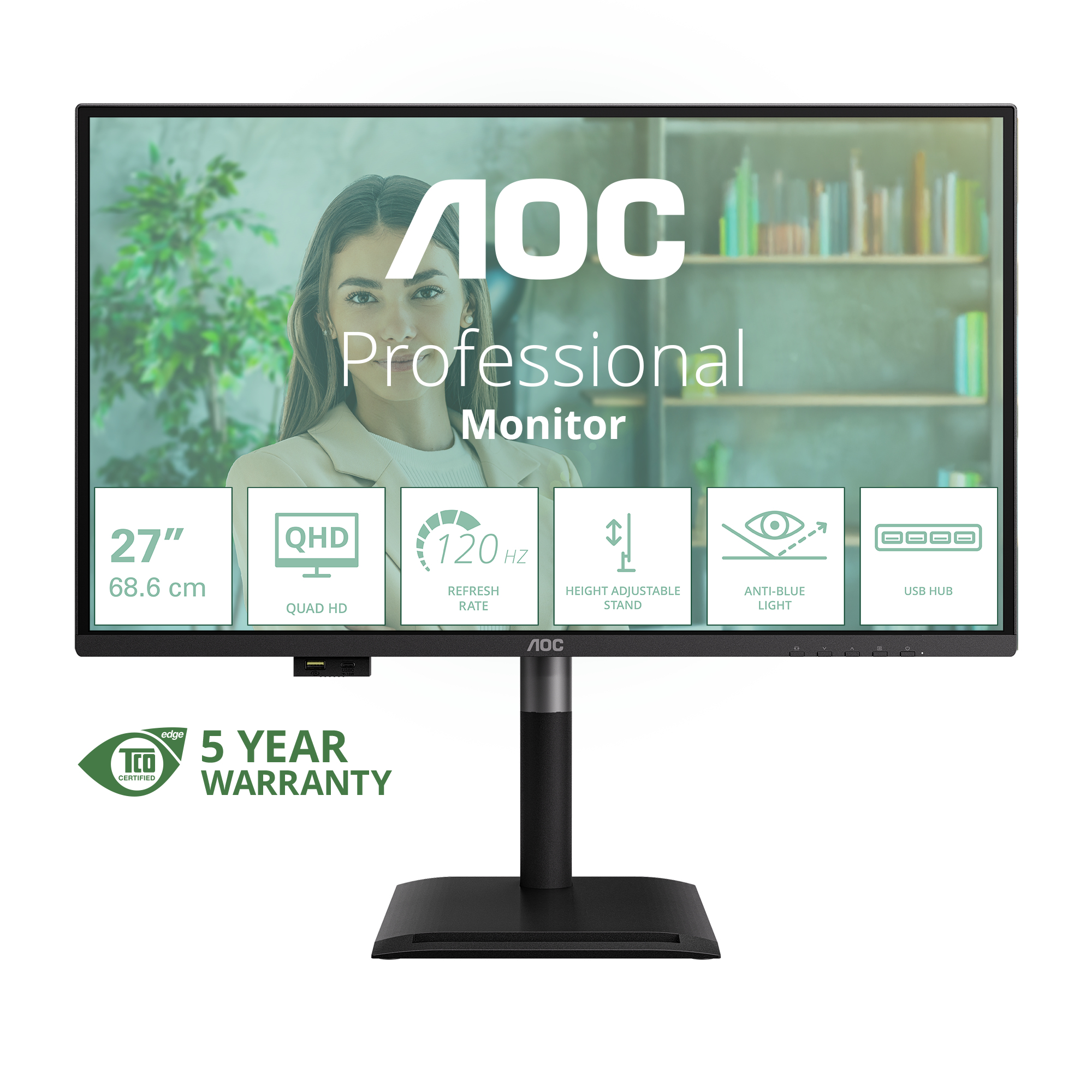 AOC professionele monitor. Kenmerken: 27", QHD, 120Hz vernieuwingsfrequentie, hoogteverstelling, anti-blauw licht en USB-hub. 5 jaar garantie.