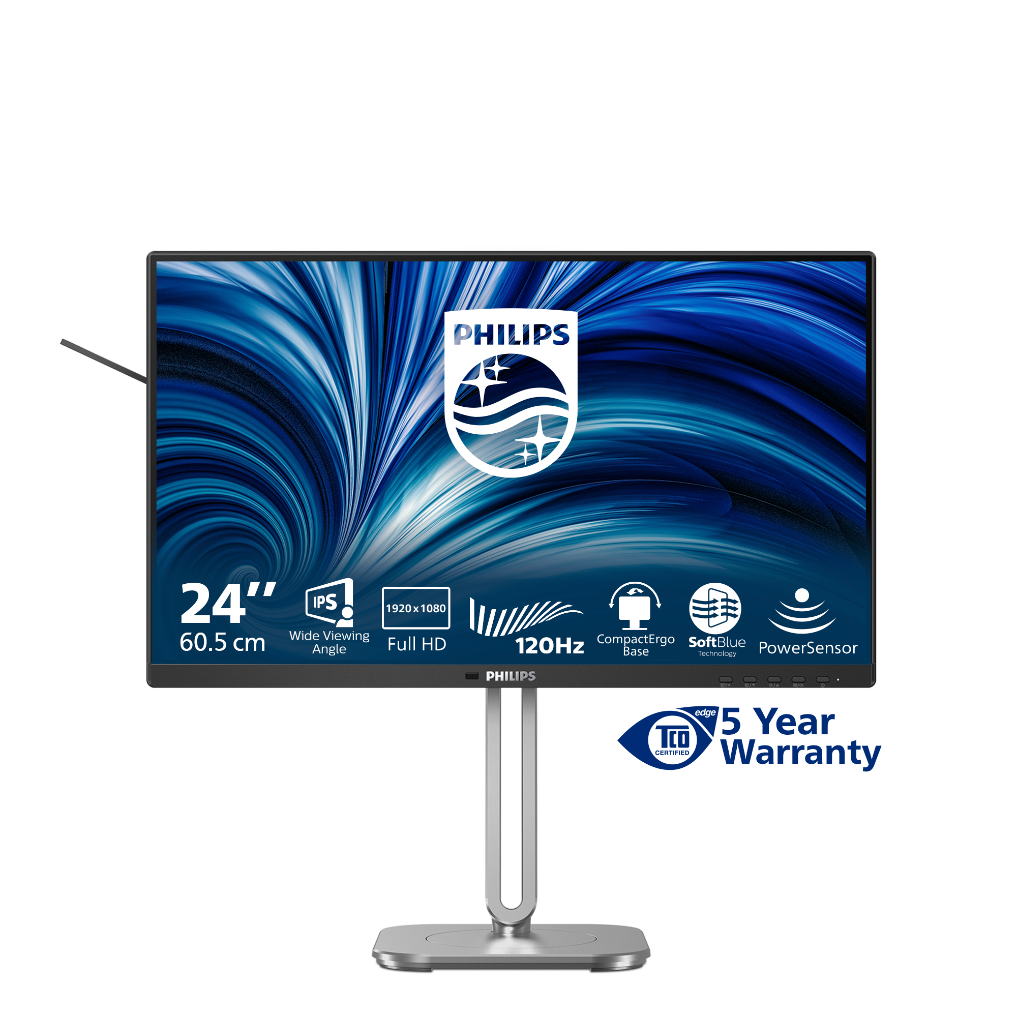 Monitor Philips 24 cale. Funkcje: Full HD, 120 Hz i 5 lat gwarancji. Tło prezentuje niebieski wzór.