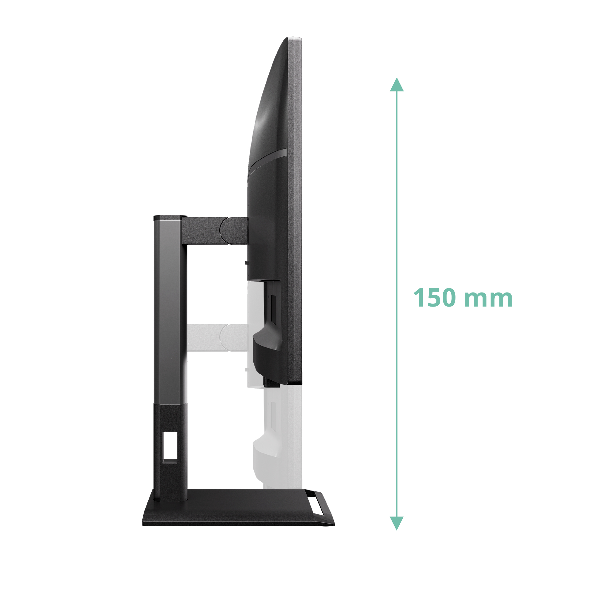 Zijaanzicht van een zwarte computermonitor op een standaard. Een groene pijl geeft een hoogte van 150 mm aan.