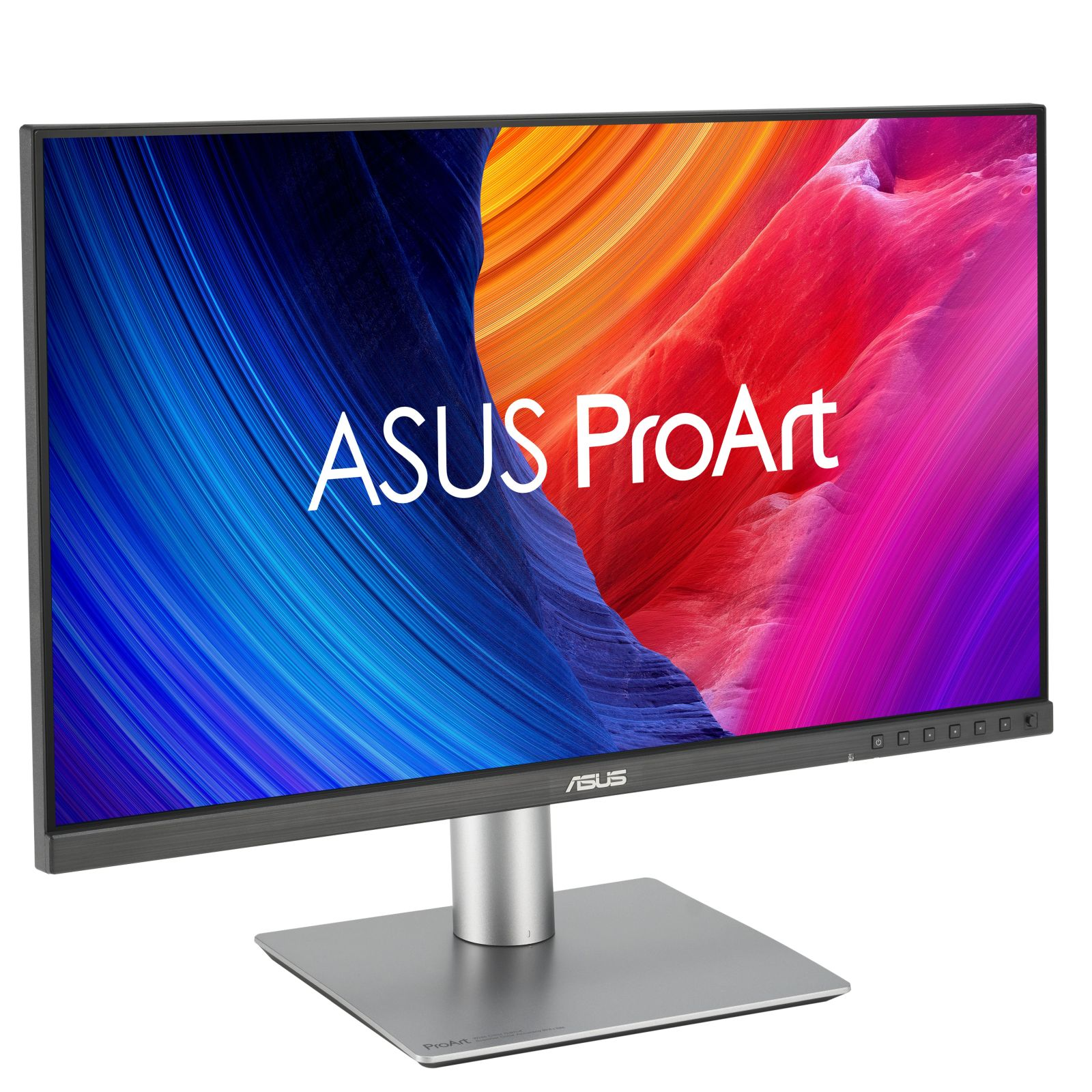 Monitor ASUS ProArt wyświetlający kolorowy obraz abstrakcyjny. Srebrna podstawa i stopka. Białe logo ASUS ProArt na ekranie.