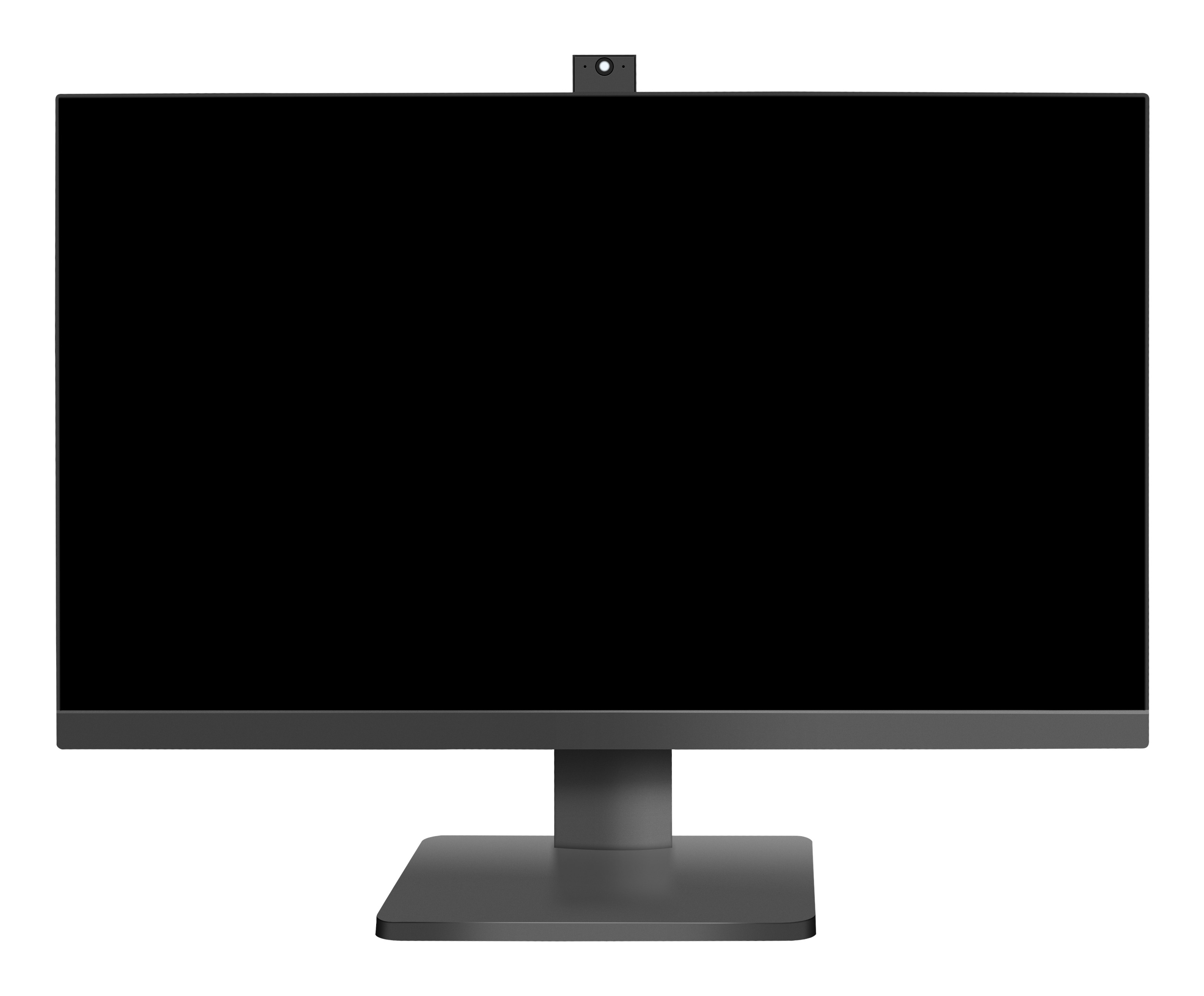 Ein Computermonitor mit schwarzem Bildschirm, Webcam oben und grauem Ständer. Der Hintergrund ist weiß.