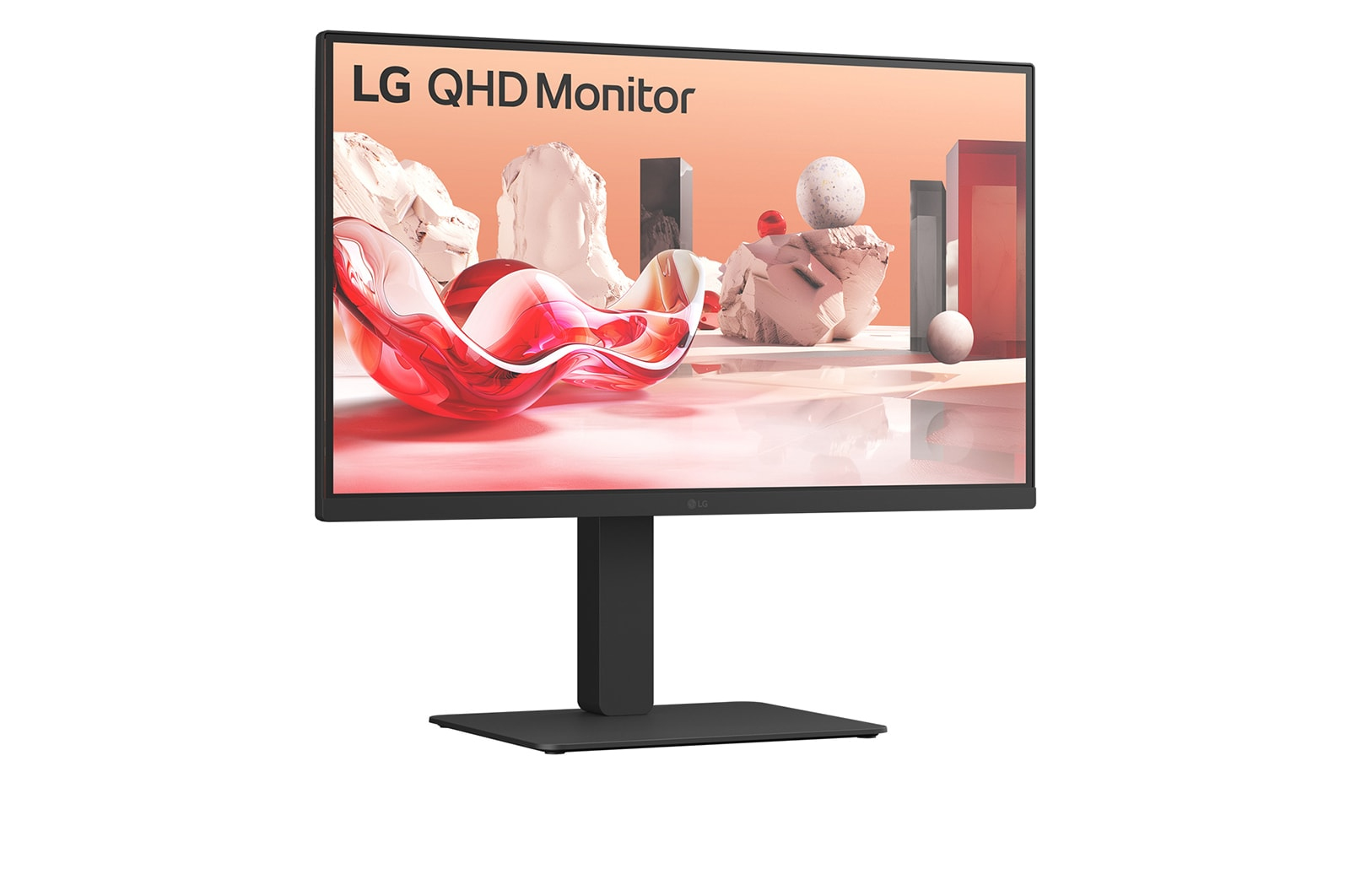 Monitor LG QHD. Ekran wyświetla abstrakcyjne kształty w kolorze czerwonym i białym na brzoskwiniowym tle. Monitor ma czarną podstawę.