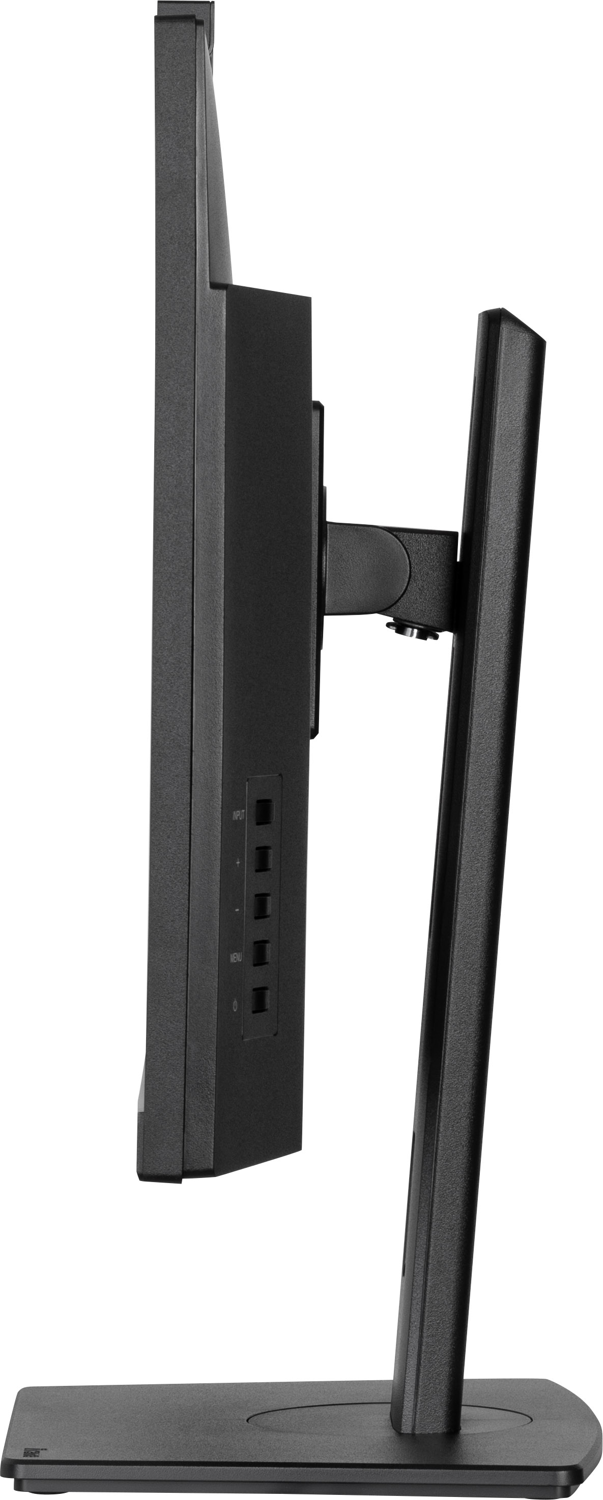 Widok z boku czarnego monitora komputera. Ma podstawkę, ekran jest pionowy. Widoczne są przyciski i porty.