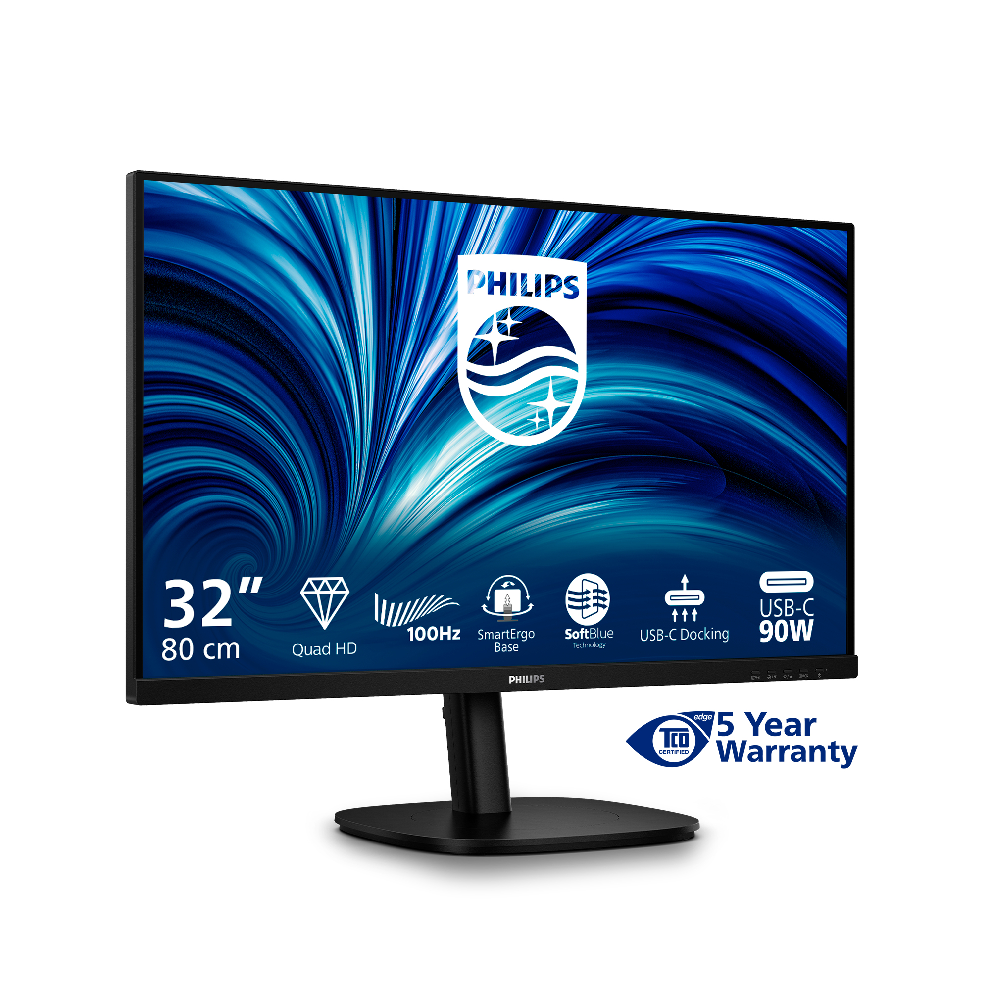 32-calowy monitor Philips z Quad HD, 100 Hz i USB-C. Ma czarną podstawę i niebieskie tło.