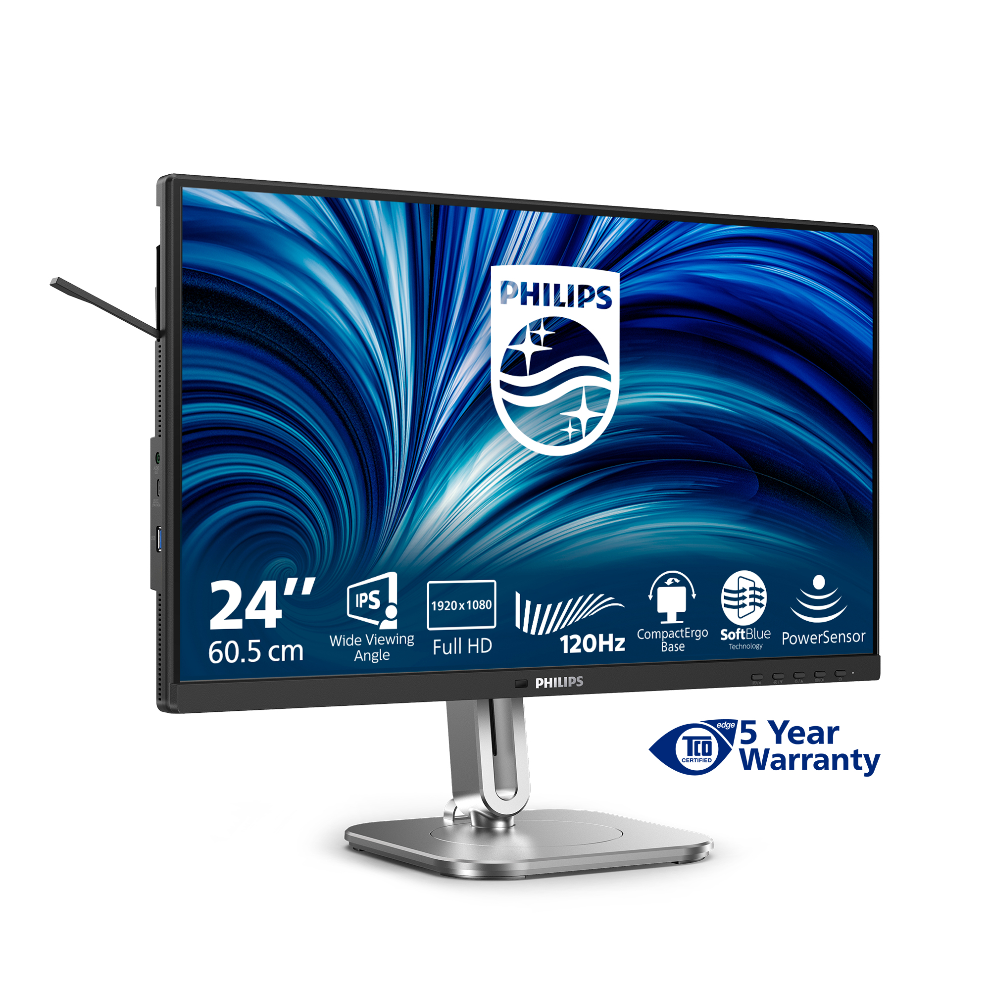 Monitor Philips 24" z niebieskim, abstrakcyjnym tłem na ekranie. Ma srebrną podstawę i czarną ramkę.