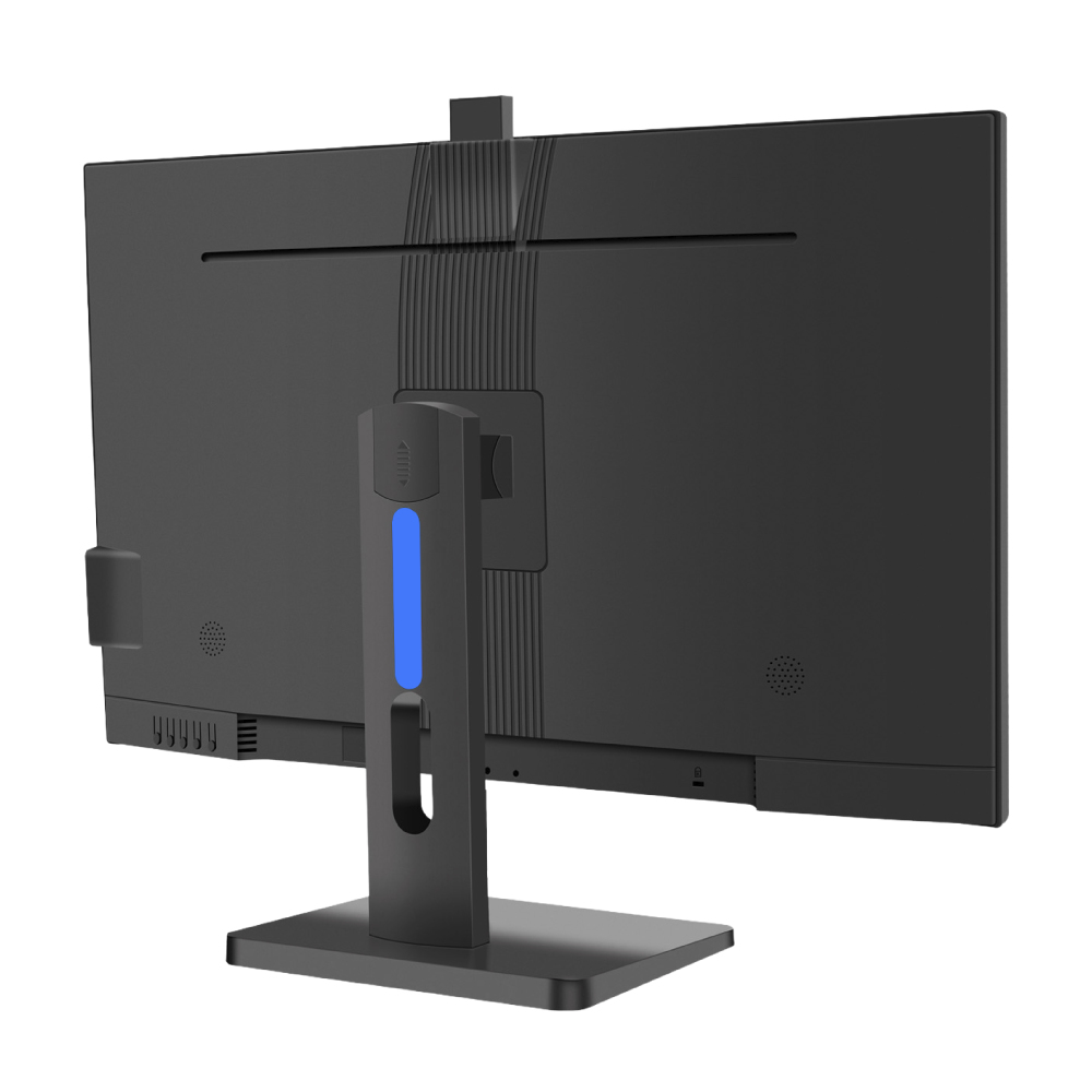 Rückansicht eines schwarzen Computermonitors mit blauem Licht am Ständer. Es ist auf weißem Hintergrund.