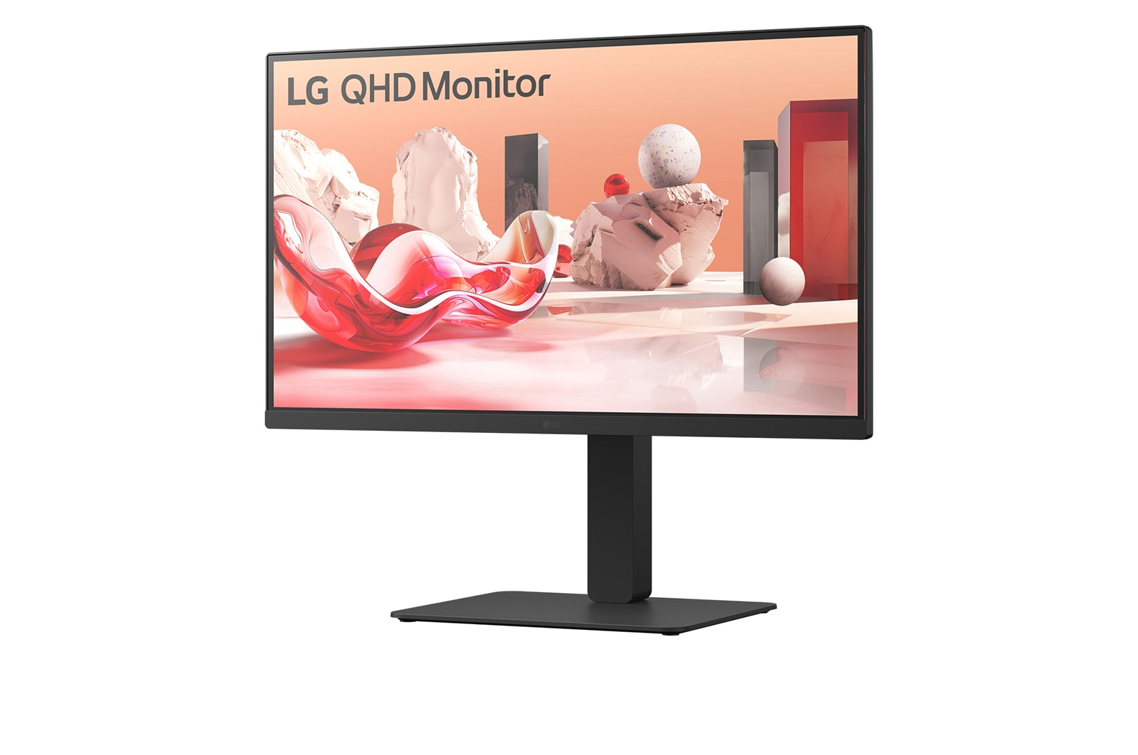 Monitor LG QHD wyświetla abstrakcyjną grafikę z czerwoną falą, białymi kształtami i sferami. Czarny stojak na białym tle.