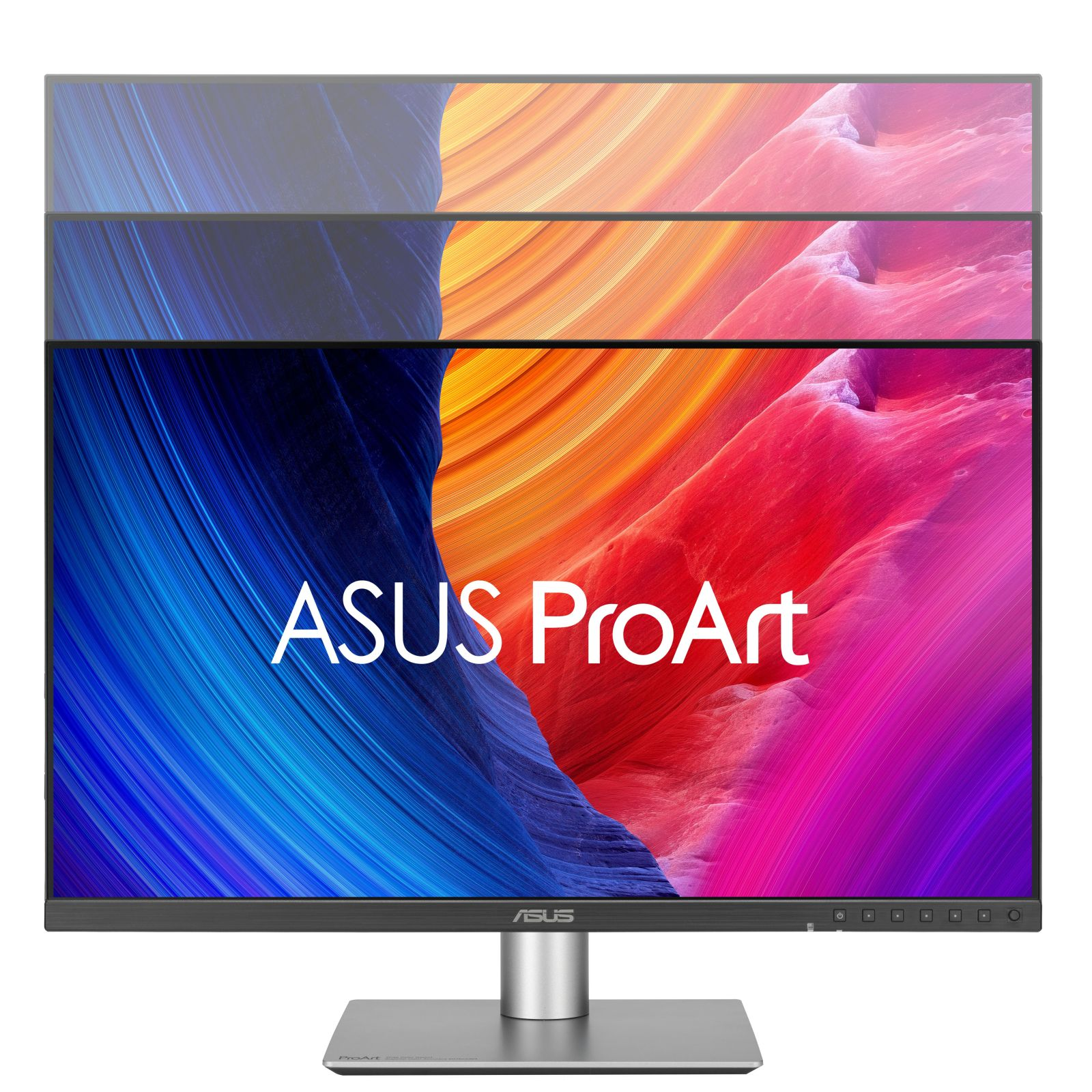 Monitor ASUS ProArt z kolorowym abstrakcyjnym tłem, srebrną podstawą. Wyświetlacz ma odcienie niebieskiego, czerwonego i pomarańczowego.