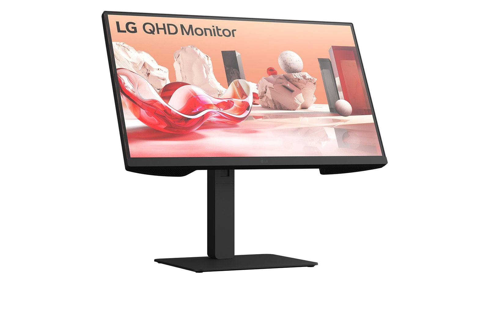 Monitor LG QHD na czarnym stojaku. Ekran wyświetla abstrakcyjne kształty w kolorach czerwonym, białym i szarym na brzoskwiniowym tle.