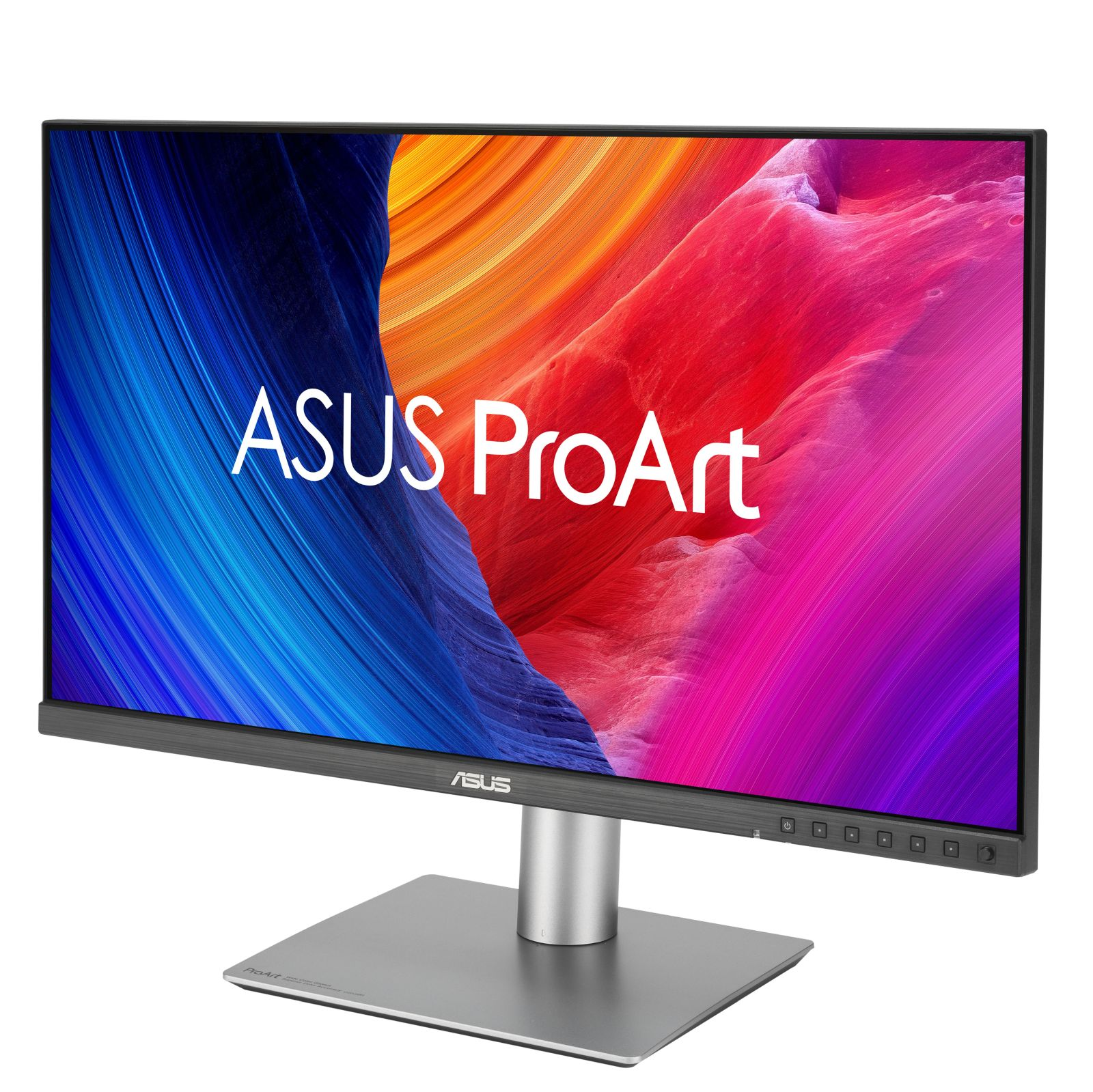 Monitor ASUS ProArt wyświetla kolorowe, abstrakcyjne tło. Monitor jest srebrny, z logo ASUS na dole.
