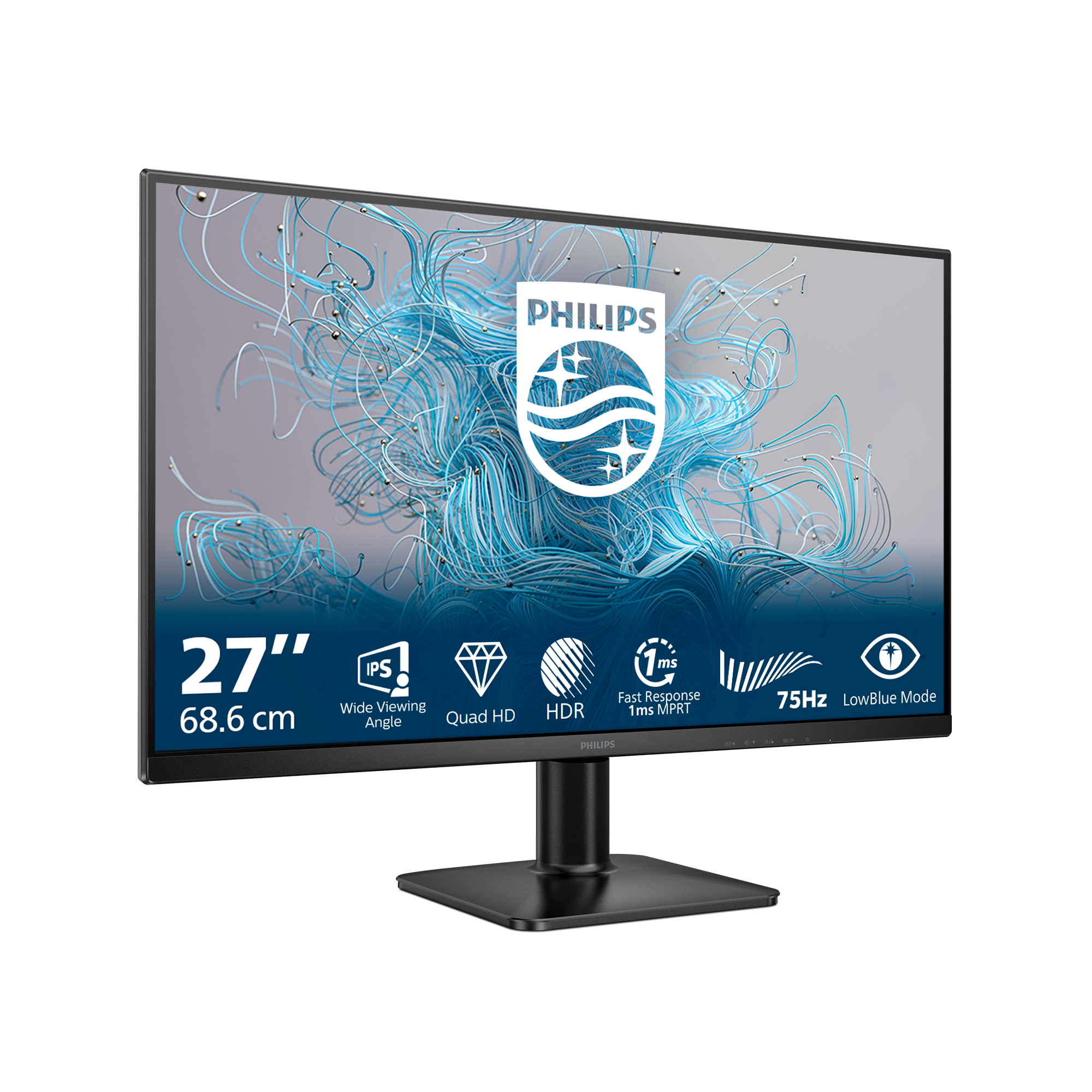 Ein 27-Zoll-Monitor von Philips mit IPS, Quad HD und HDR. Der Bildschirm zeigt abstrakte blaue Linien mit dem Philips-Logo.