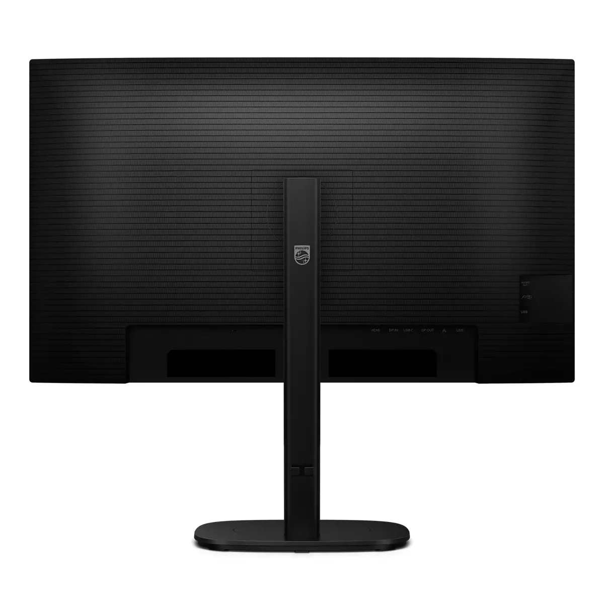 Tył czarnego monitora Philips z teksturowaną powierzchnią. Stojak z logo Philips wspiera monitor. Widoczne porty.