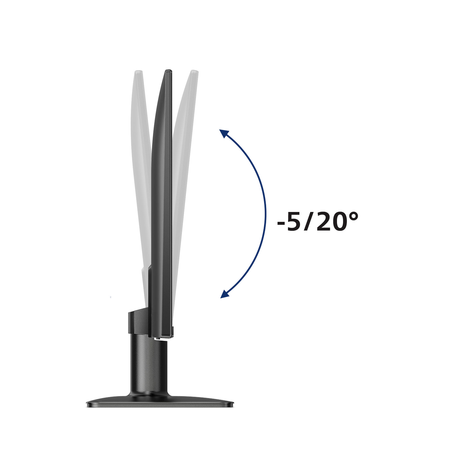 Ein schwarzer Computermonitor zeigt seinen Neigungswinkel. Der Neigungsbereich beträgt -5/20 Grad. Der Pfeil zeigt die Neigungsrichtung.