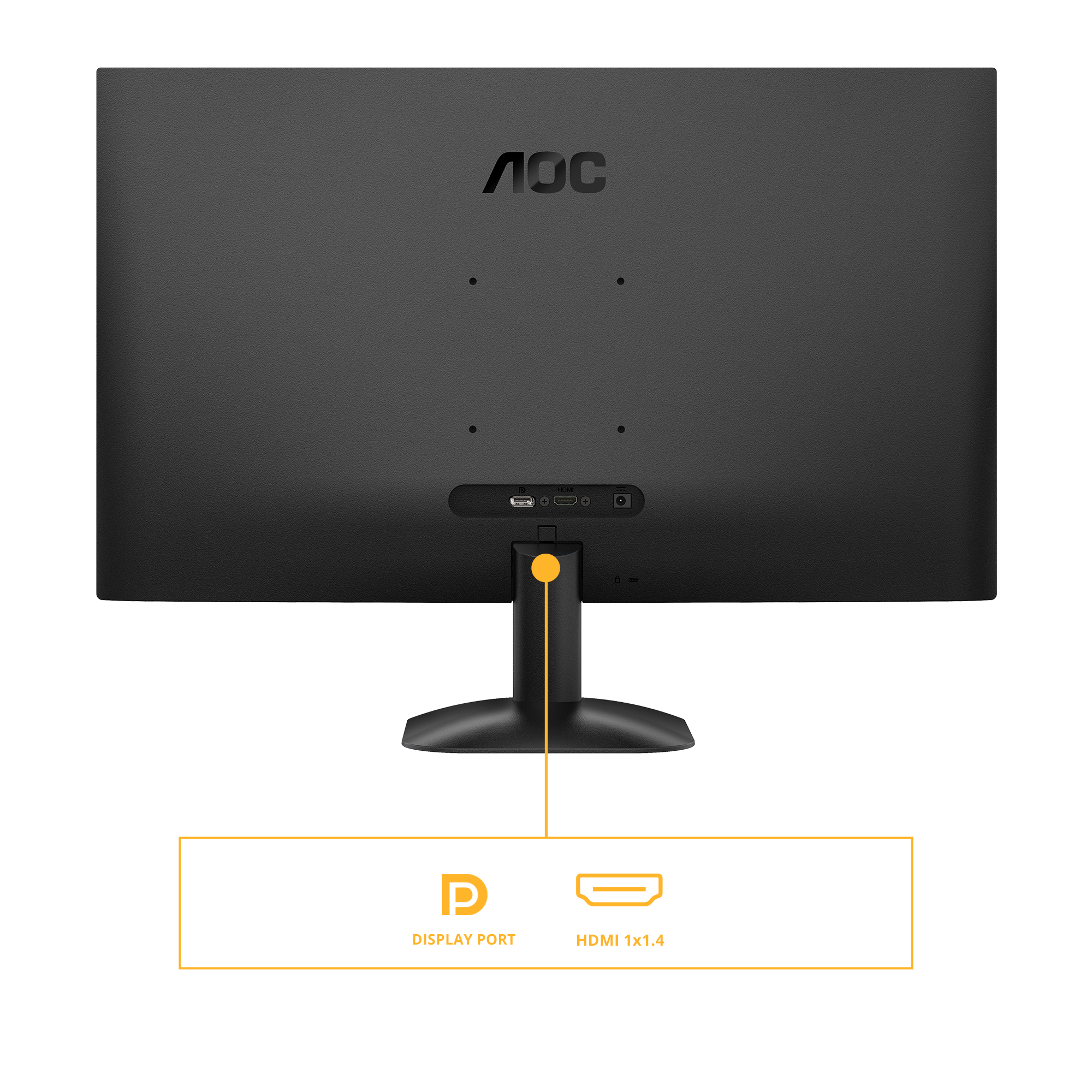 Tył czarnego monitora AOC z portami DisplayPort i HDMI. Monitor stoi na czarnym stojaku, logo jest widoczne.