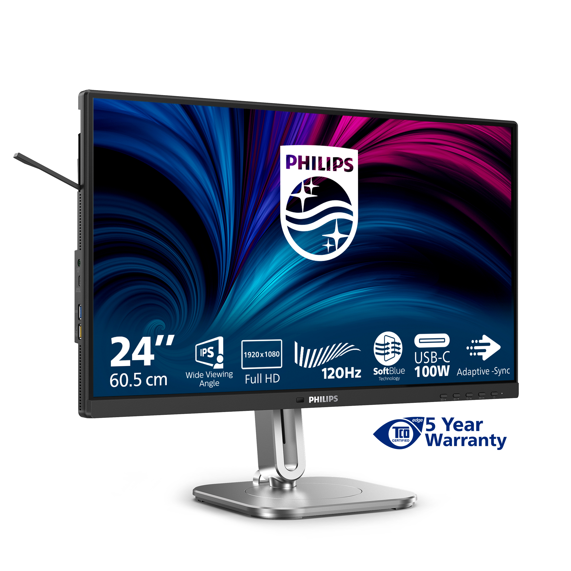 Monitor Philips 24" z wyświetlaczem Full HD, częstotliwością odświeżania 120 Hz i USB-C. Ma srebrną podstawę i niebiesko-fioletowe tło.