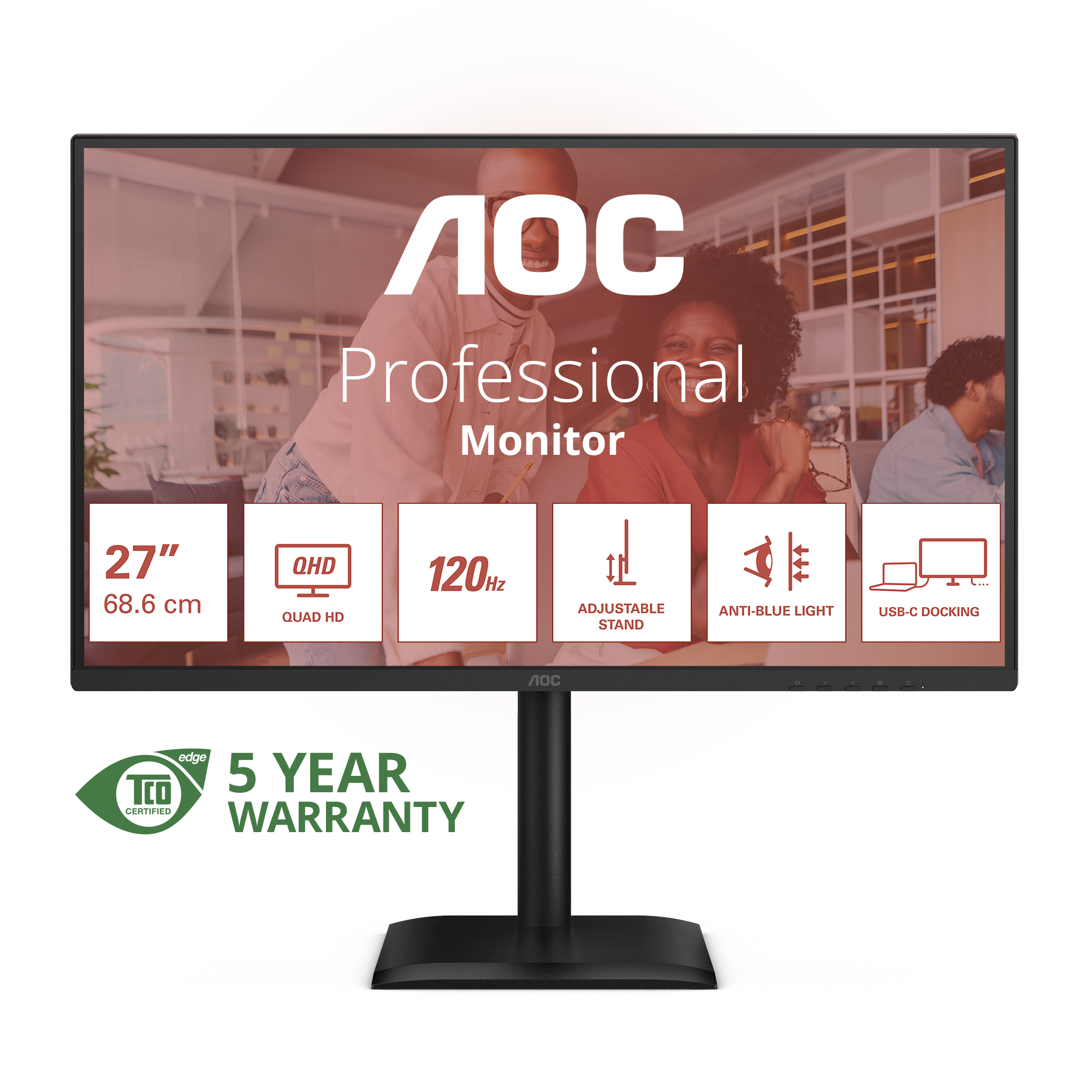 AOC professional monitor. Features include 27 inch screen, QHD, 120Hz, adjustable stand, anti-blue light, and USB-C docking.