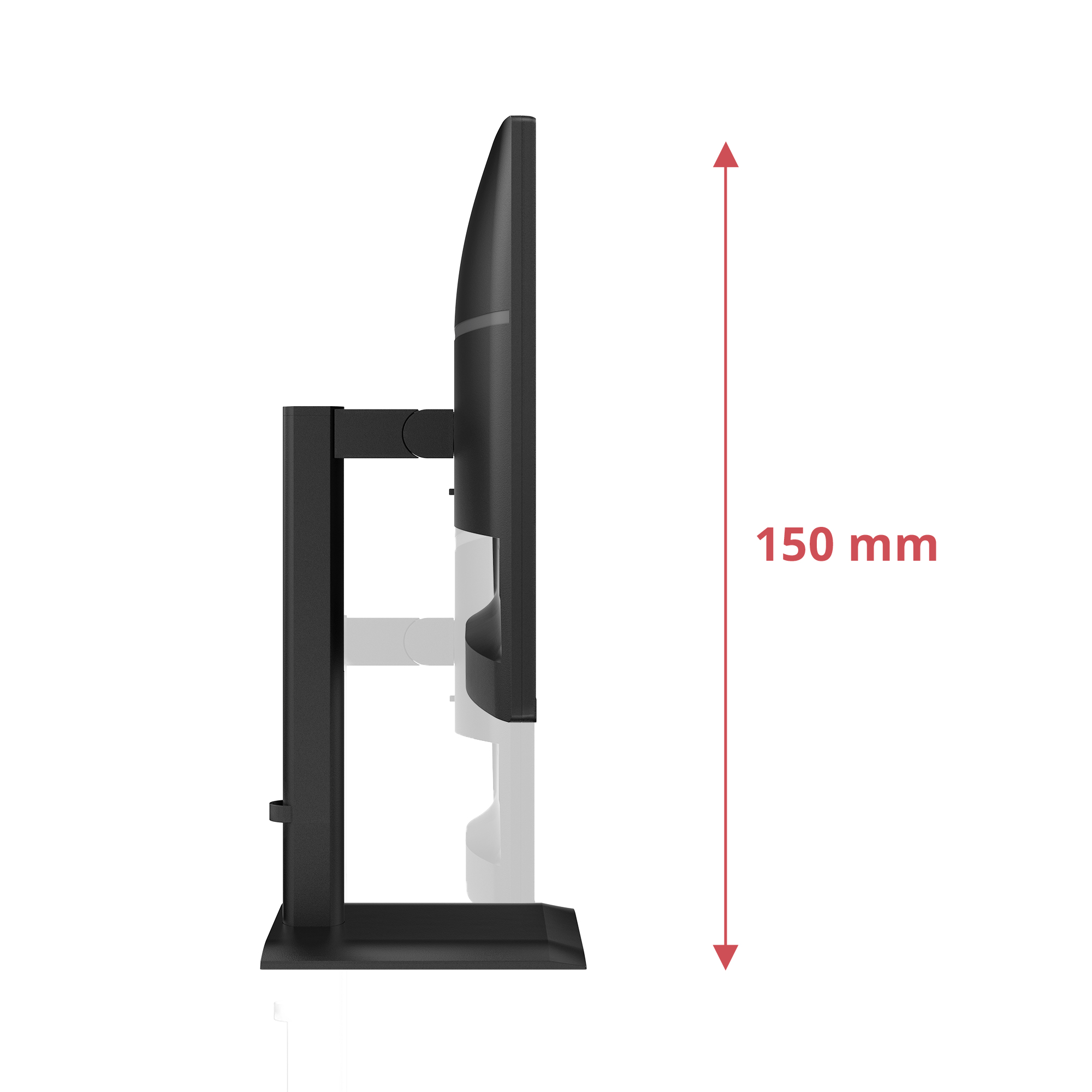 Black monitor with stand. Red arrow indicates 150 mm height. White background.