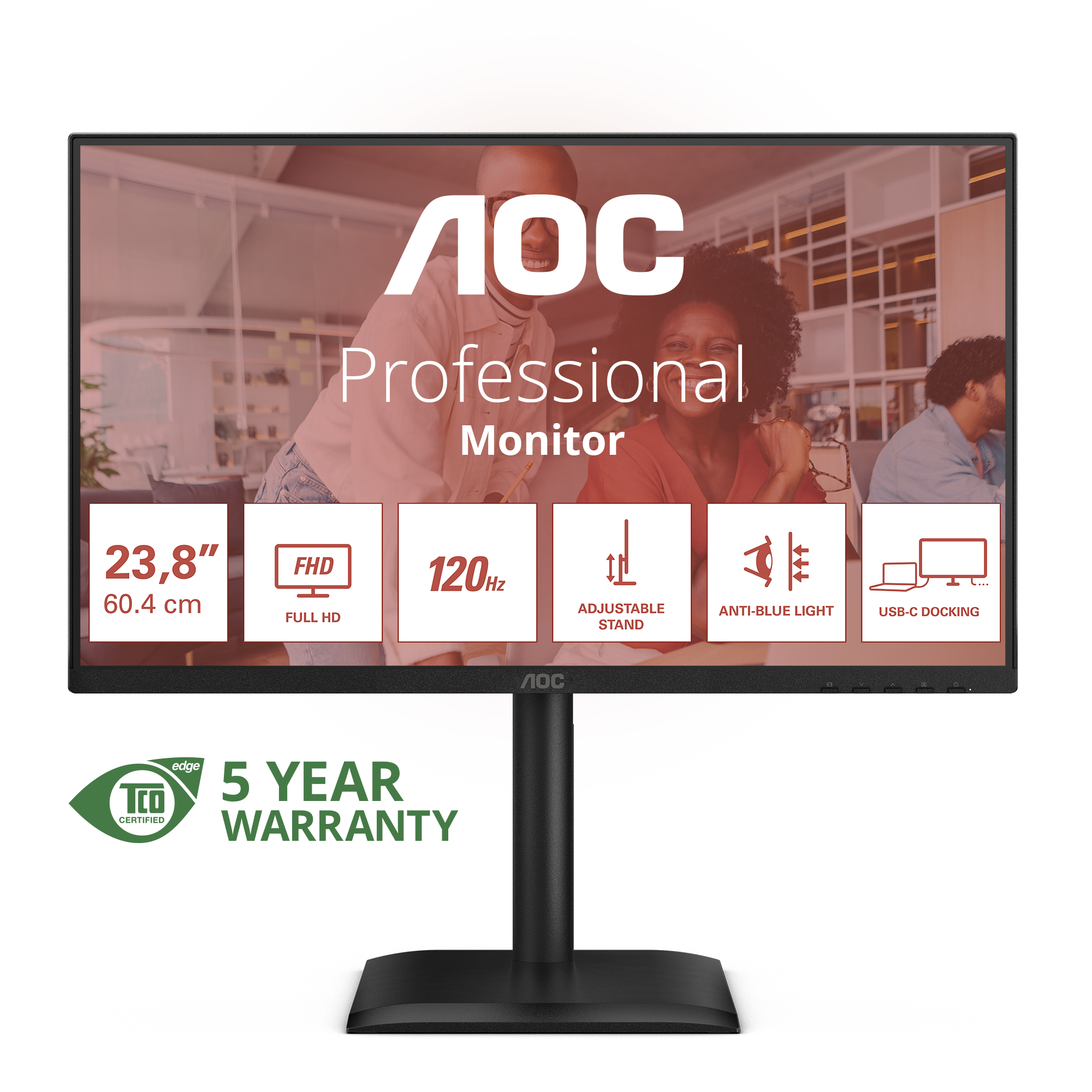 AOC Professional Monitor. Kenmerken: 23,8", FHD, 120Hz, verstelbare standaard, anti-blauw licht, USB-C docking, 5 jaar garantie.