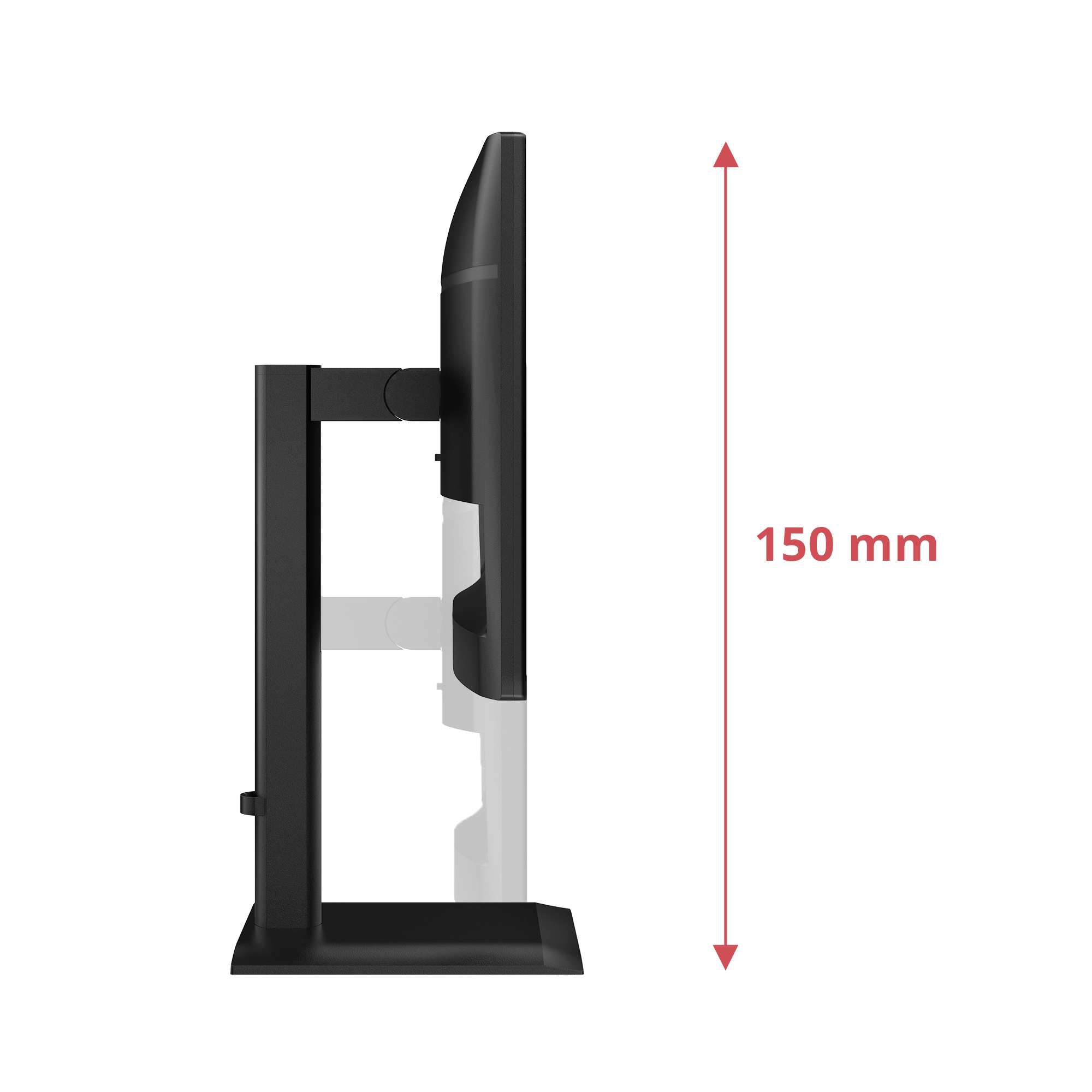 Een zwarte monitor op een standaard, met een rode pijl die een hoogte van 150 mm aangeeft. De achtergrond is wit.