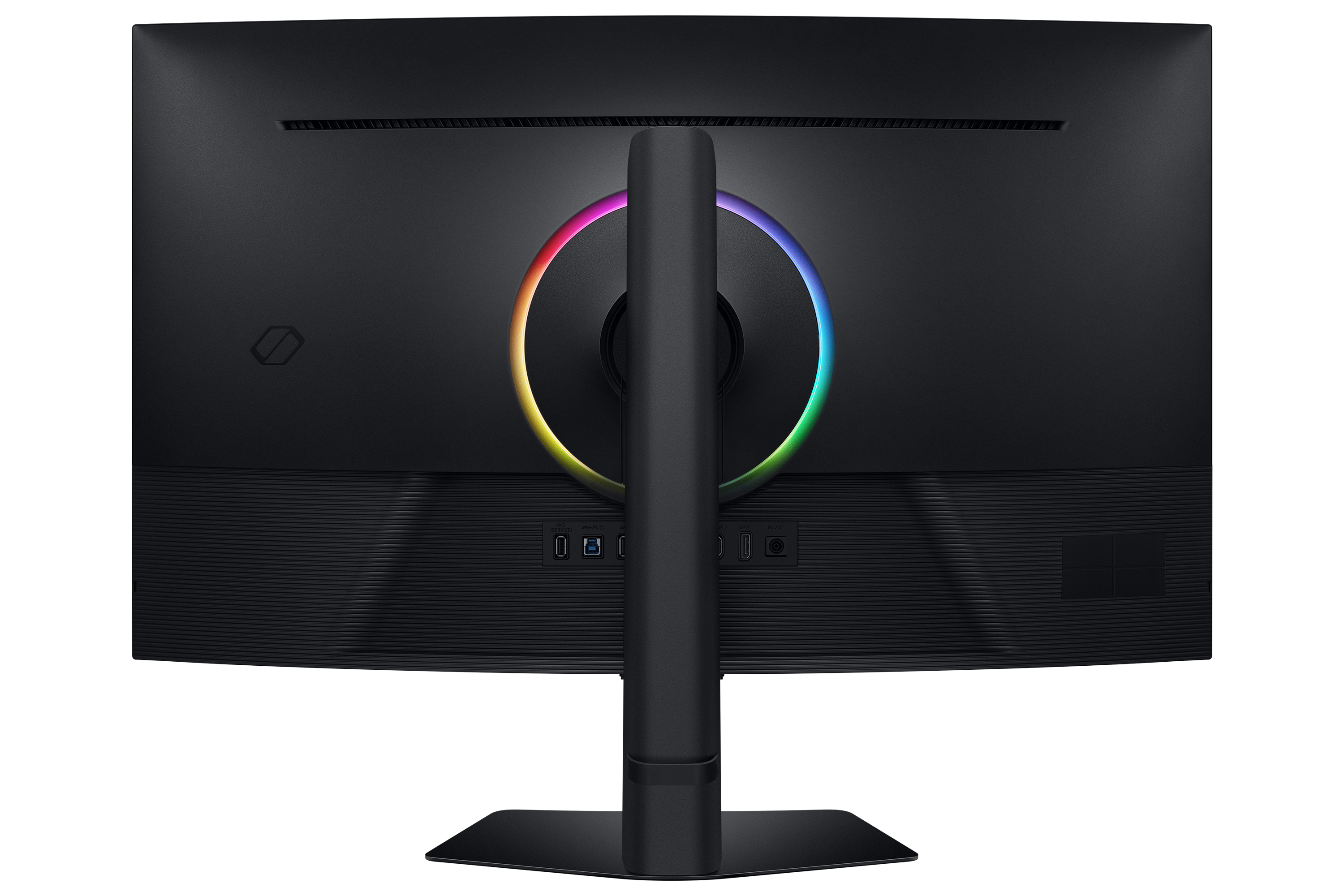 Parte trasera de un monitor negro con una luz de anillo colorida. Tiene puertos y un soporte.