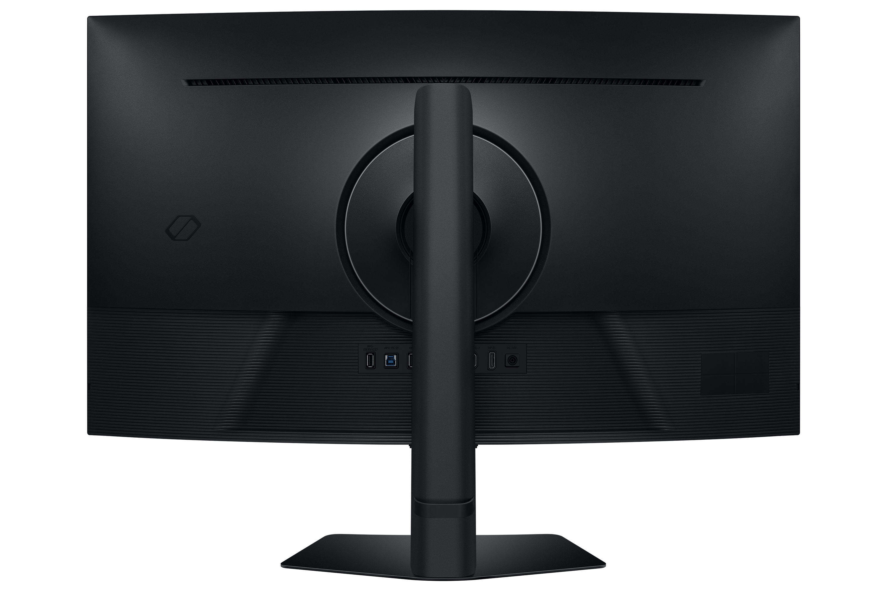 Back of a black computer monitor with stand and several ports visible. The surface is textured.