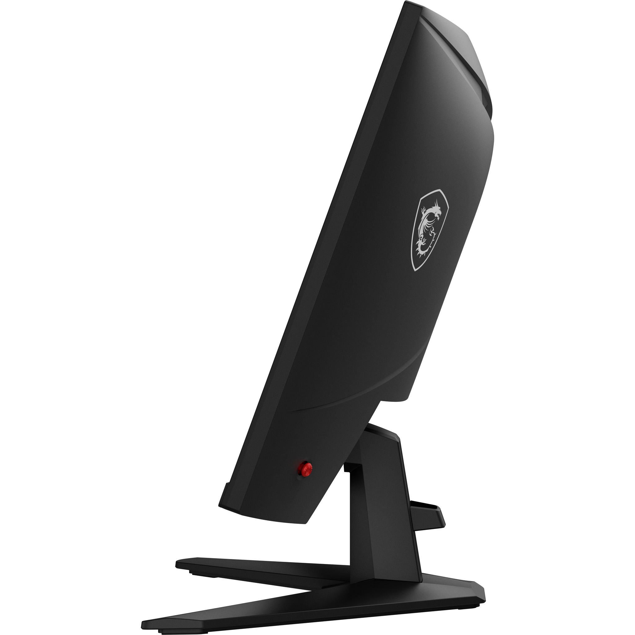 A black MSI monitor is angled to the left, with a red button and a dragon logo. The background is white.