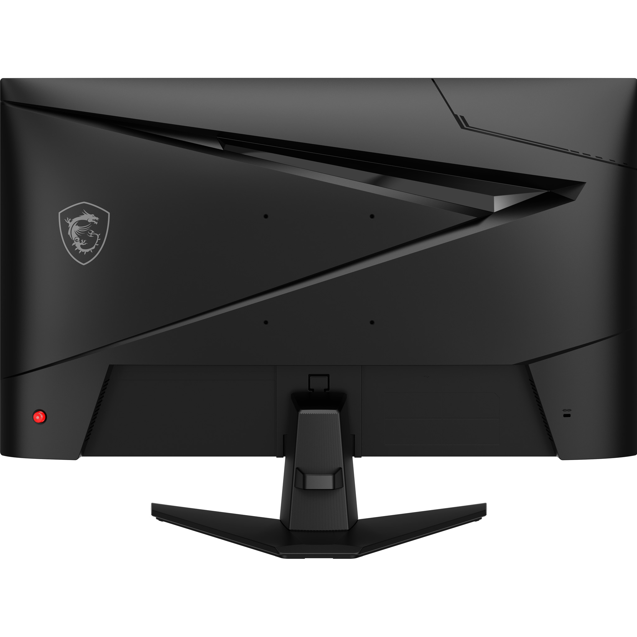 Siyah bir MSI oyun monitörünün arkası. MSI logosu, kırmızı bir güç düğmesi ve bir standı var.