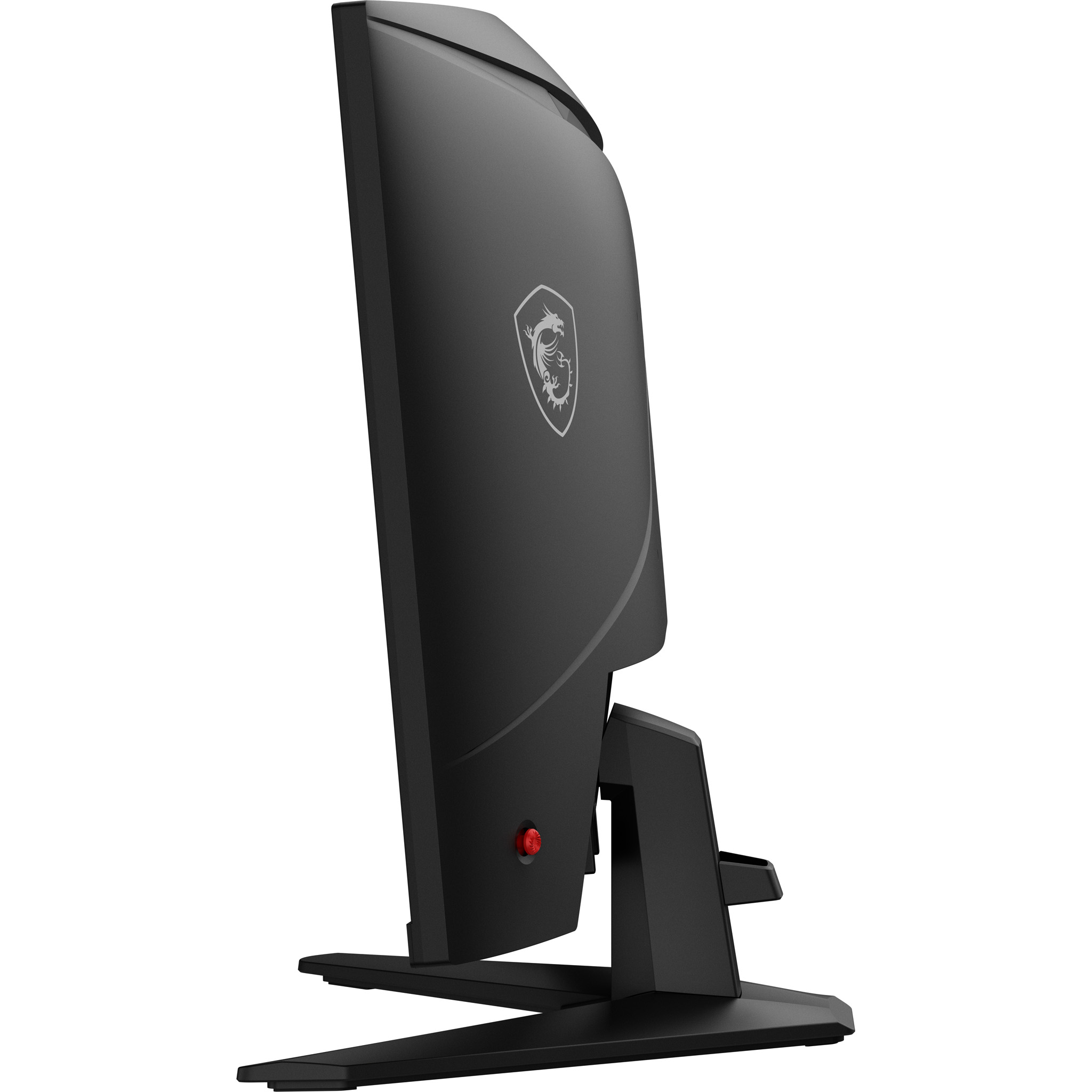 A black MSI gaming monitor is shown from the side. It has a stand and a logo on the back.
