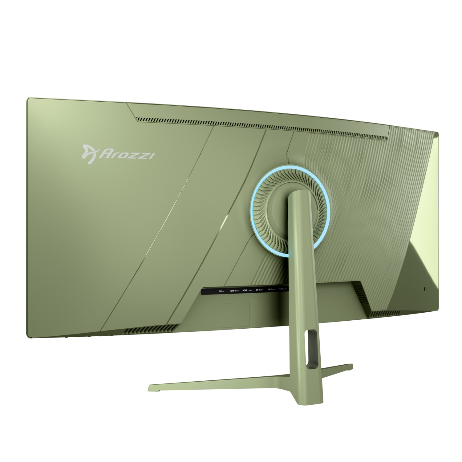 Pokazano tył zielonego monitora Arozzi. Ma podstawkę i okrągły wzór z niebieskim światłem.