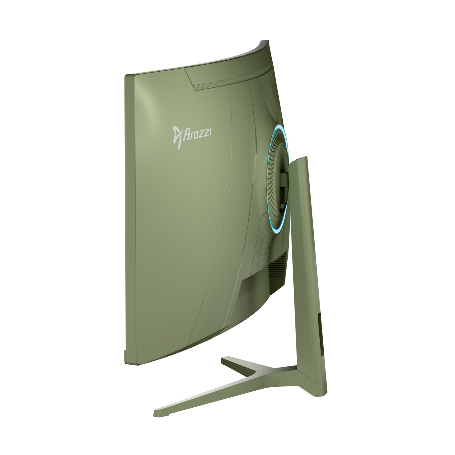Zakrzywiony zielony monitor komputerowy z logo Arozzi. Monitor jest ustawiony pod kątem, pokazując jego konstrukcję i podstawę na białym tle.