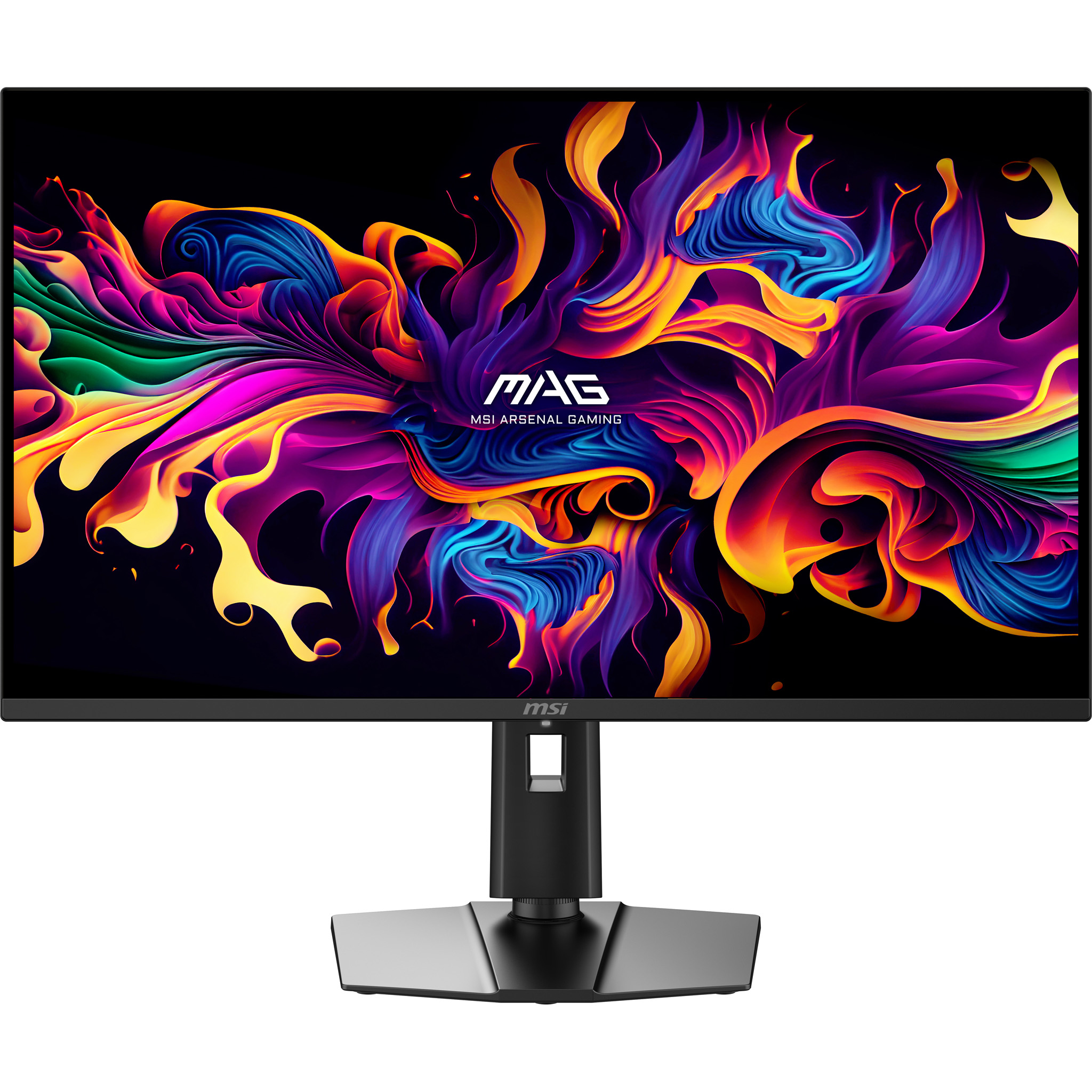 Monitor do gier MSI z czarną ramką i podstawą. Ekran wyświetla kolorową grafikę abstrakcyjną z tekstem MAG i MSI Arsenal Gaming.