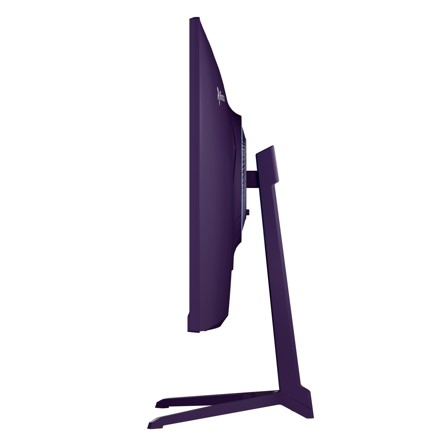 Fioletowy monitor komputera na stojaku, widok z boku. Ekran jest ciemny, a stojak ma nowoczesny design.