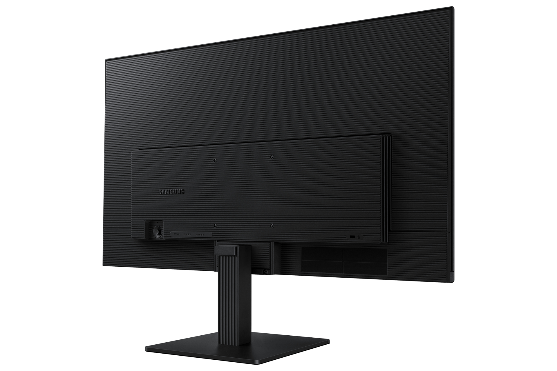 Achteraanzicht van een zwarte Samsung monitor. Het heeft een getextureerde achterkant, een standaard en diverse poorten. Het Samsung logo is zichtbaar.