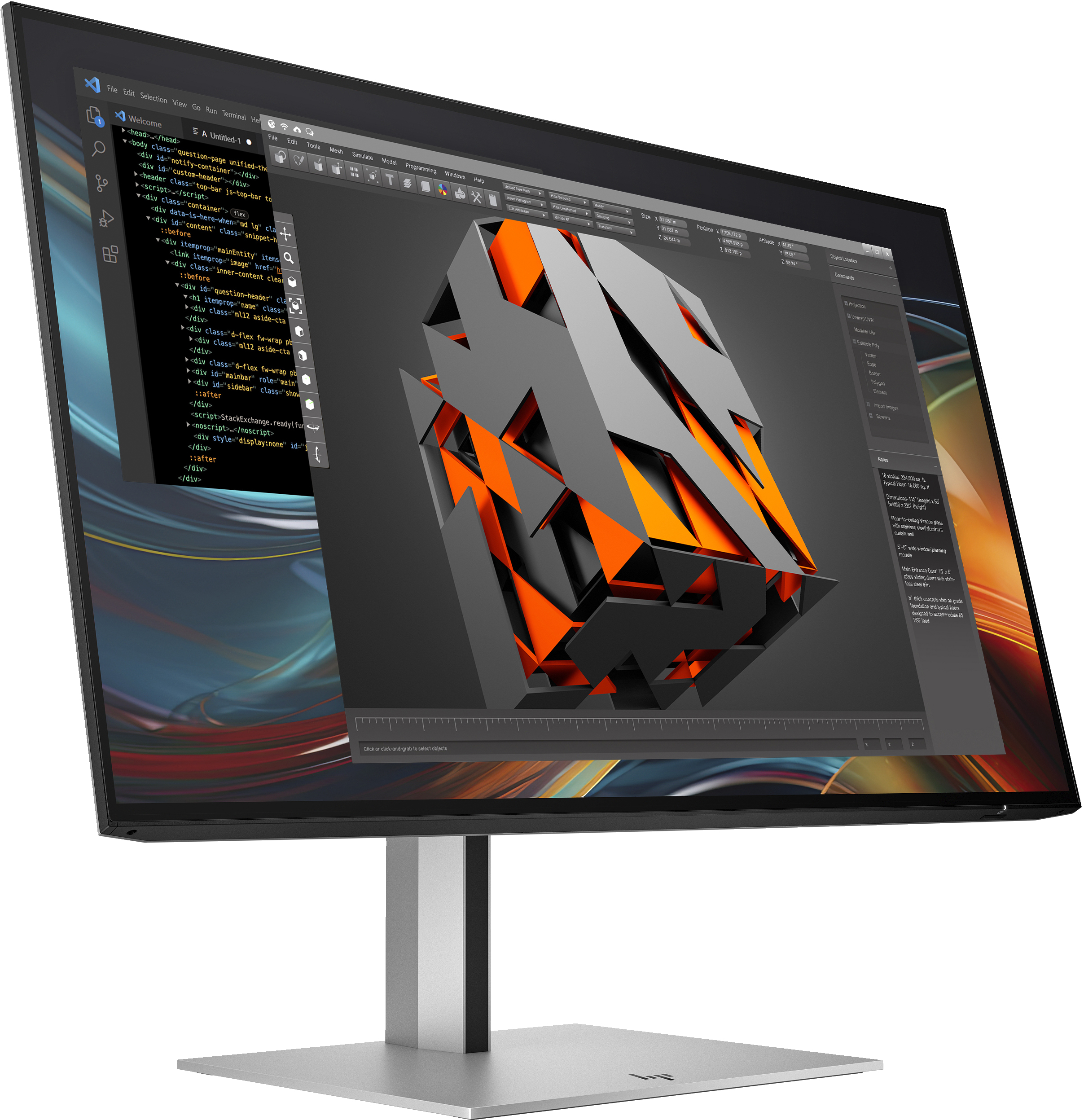Un monitor de computadora muestra un modelo 3D con formas geométricas grises y naranjas, con código a la izquierda.
