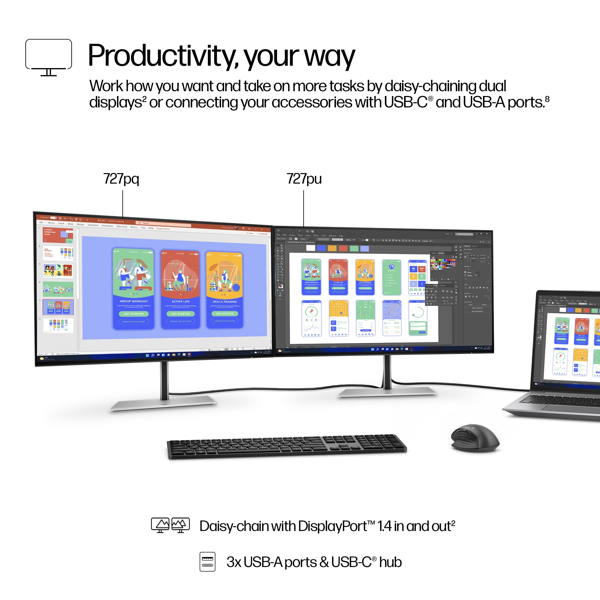 Dos monitores con apps, teclado, ratón y portátil sobre una superficie blanca. Texto: Productividad a tu manera.
